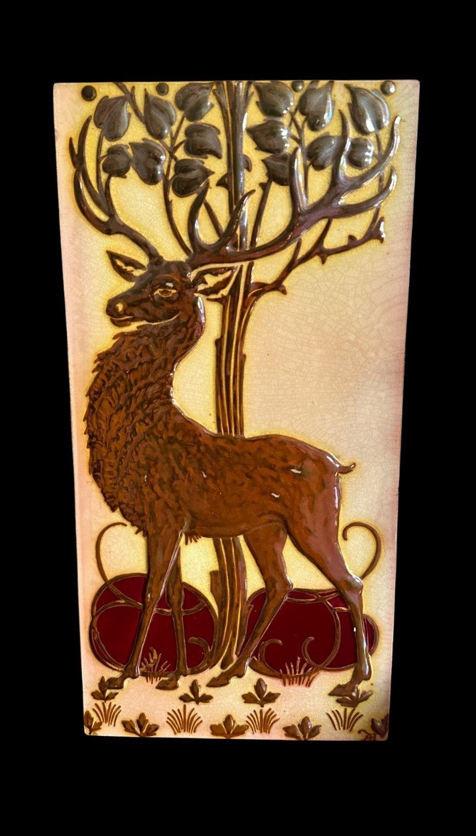 5447
Rare Pilkingtons Royal Lancastrian Lustre Tile decorated in relief with a Stag and Tudor Roses by Albert Hall (son of Lawrence Hall).
Circa 1908
42.5cm x 21cm
Monogram to bottom right corner
The same design illustrated on Page 33 of Cross’s