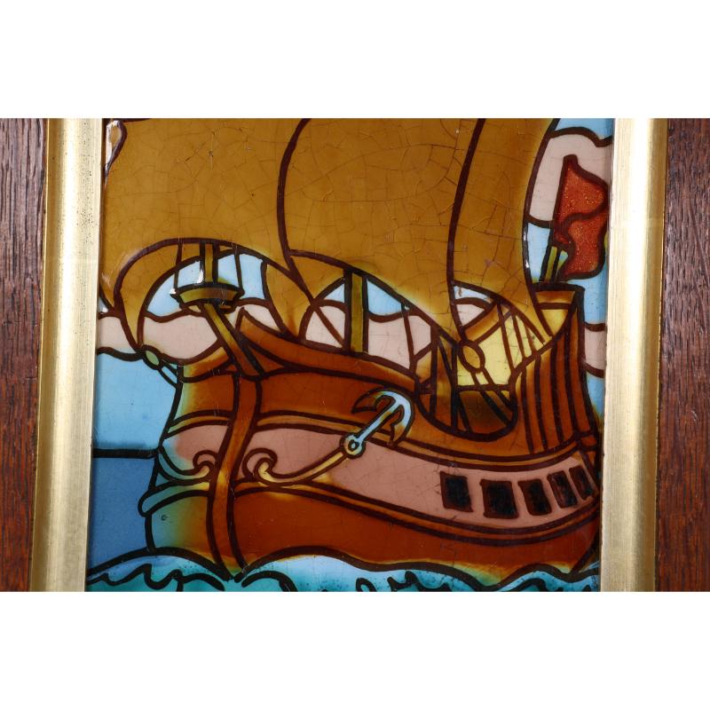 Ceramic Pilkington's An Arts & Crafts large single tile with a tube line painted galleon For Sale