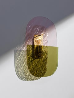 Champagne Pink and Olive Green Glass Brass Light Sculpture by Marie Jeunet