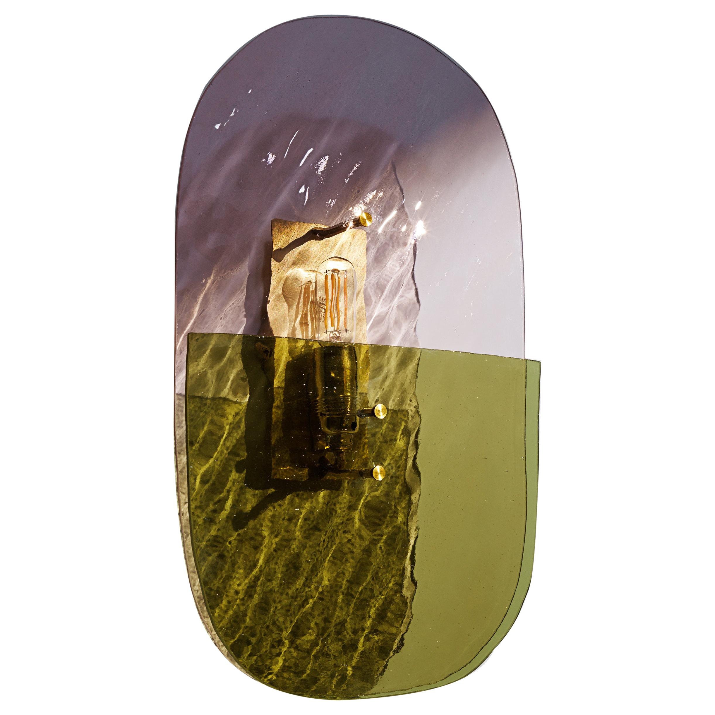 Champagne Pink and Olive Green Glass Brass Light Sculpture by Marie Jeunet