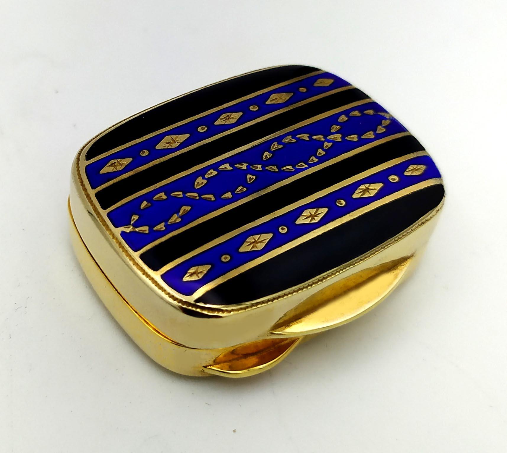 Placcato oro Portapillole stile Art Déco smaltato a fuoco strisce Argento Sterling Smalto Salimbeni in vendita