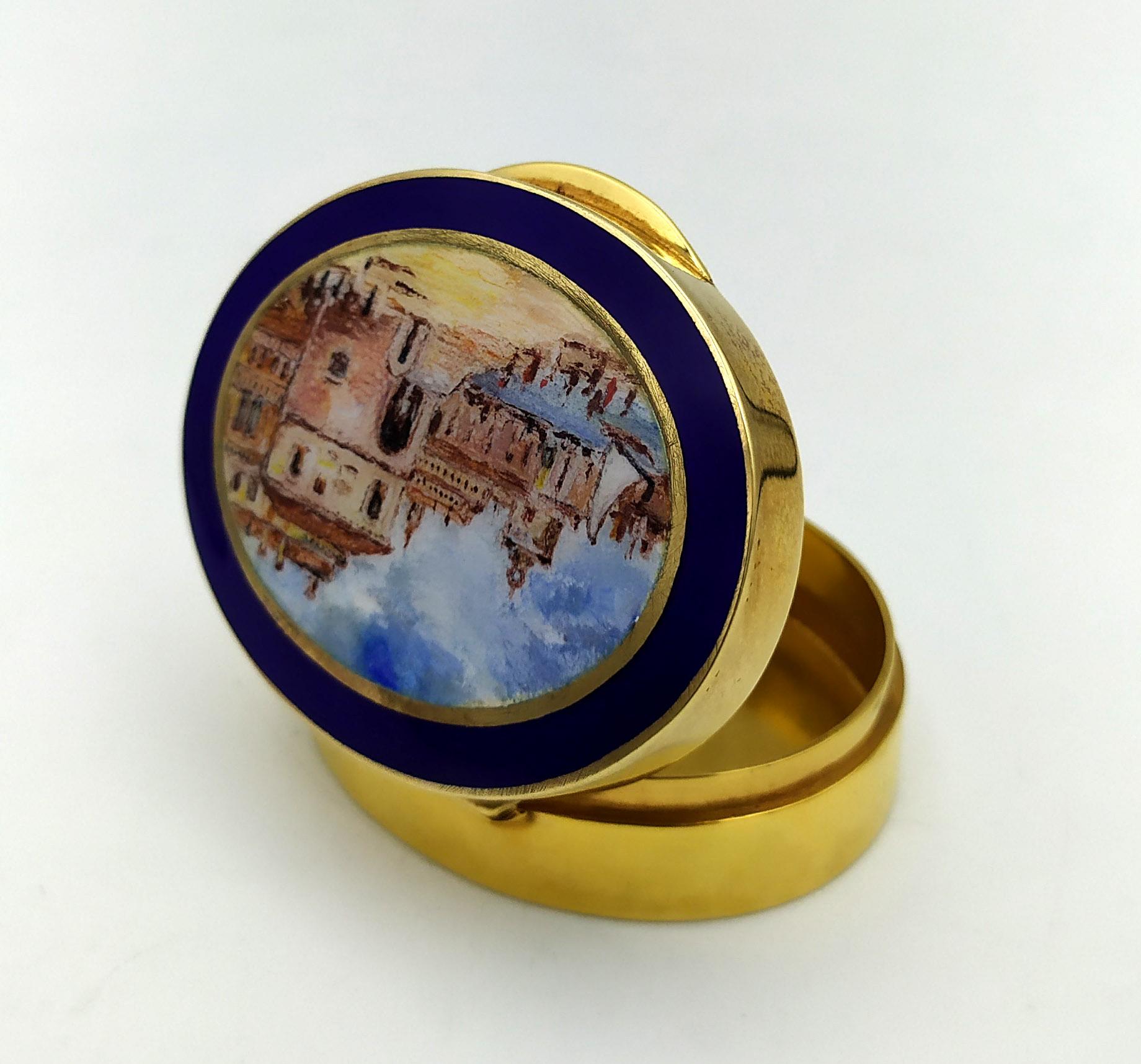 Pillendose Jugendstil handbemalt von Renato Dainelli Sterling Silber Salimbeni (Italienisch) im Angebot