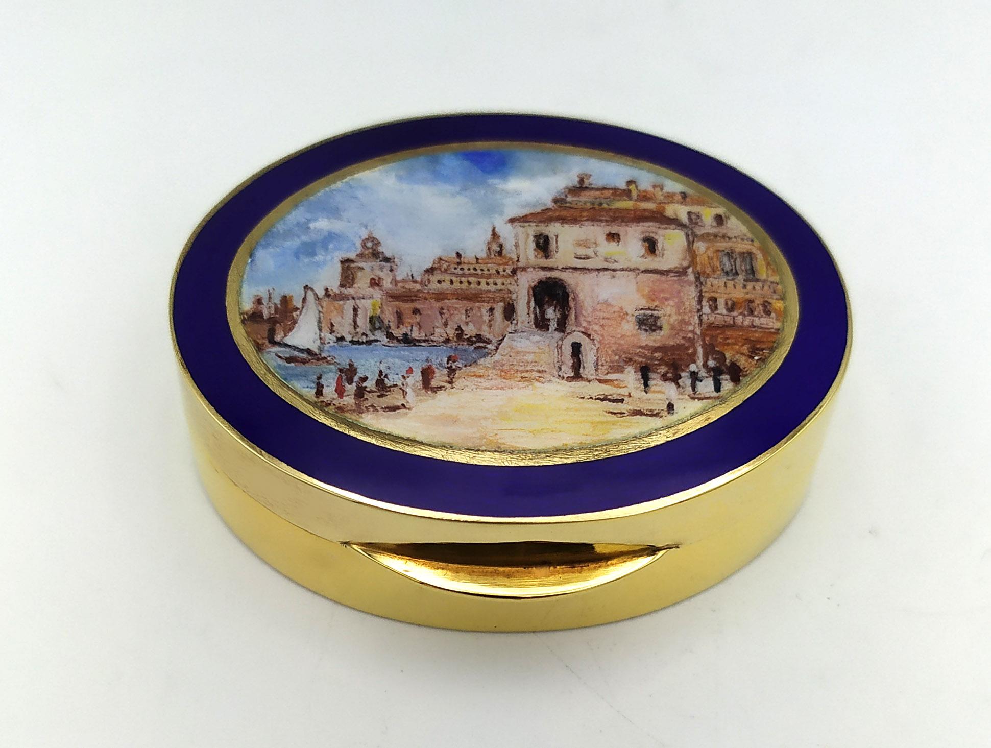 Pillendose Jugendstil handbemalt von Renato Dainelli Sterling Silber Salimbeni im Zustand „Hervorragend“ im Angebot in Firenze, FI