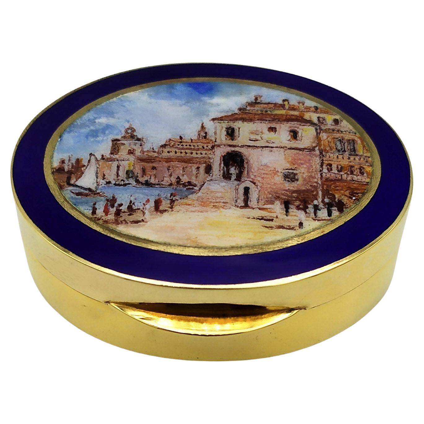 Pillendose Jugendstil handbemalt von Renato Dainelli Sterling Silber Salimbeni