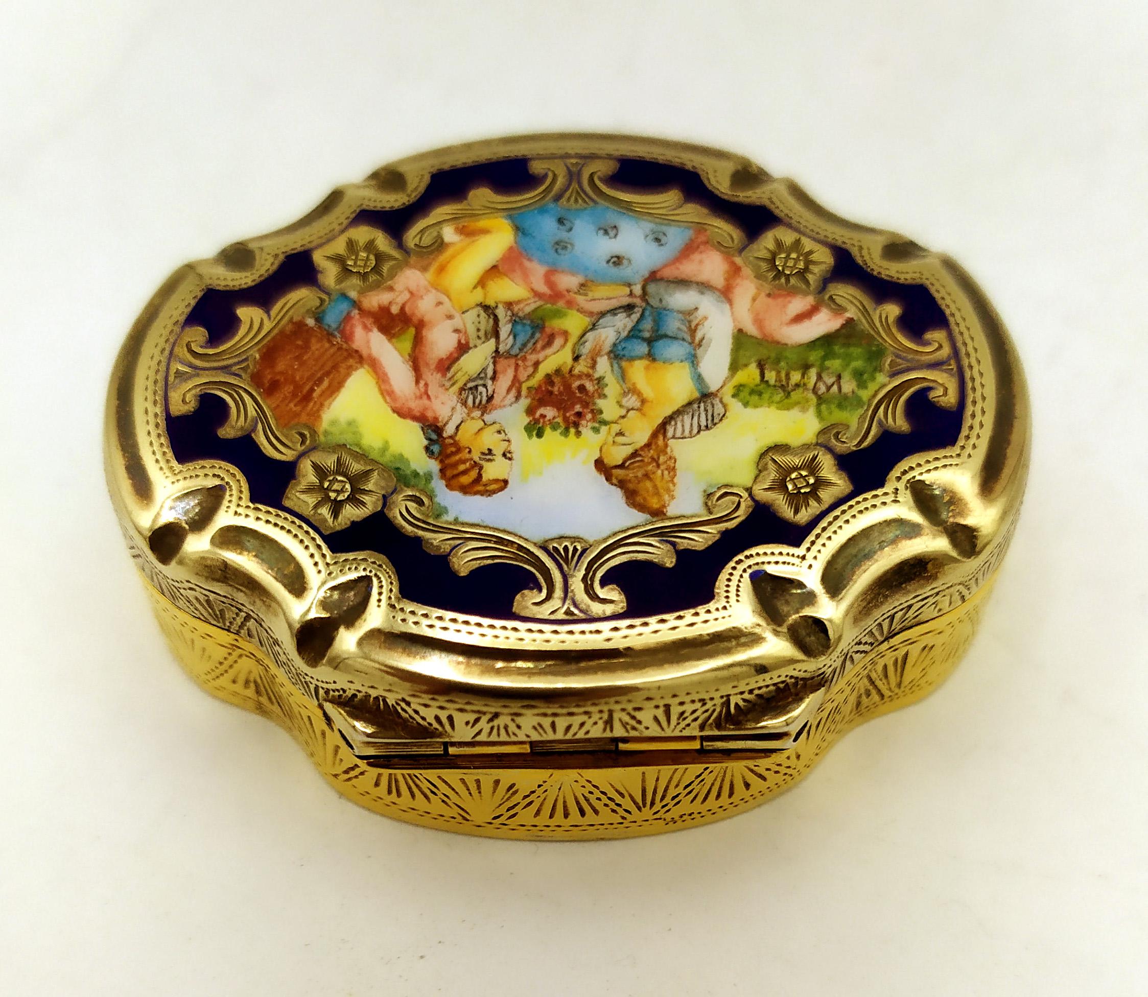 Baroque Boîte à pilules baroque avec miniature pastorale Salimbeni en argent sterling en vente