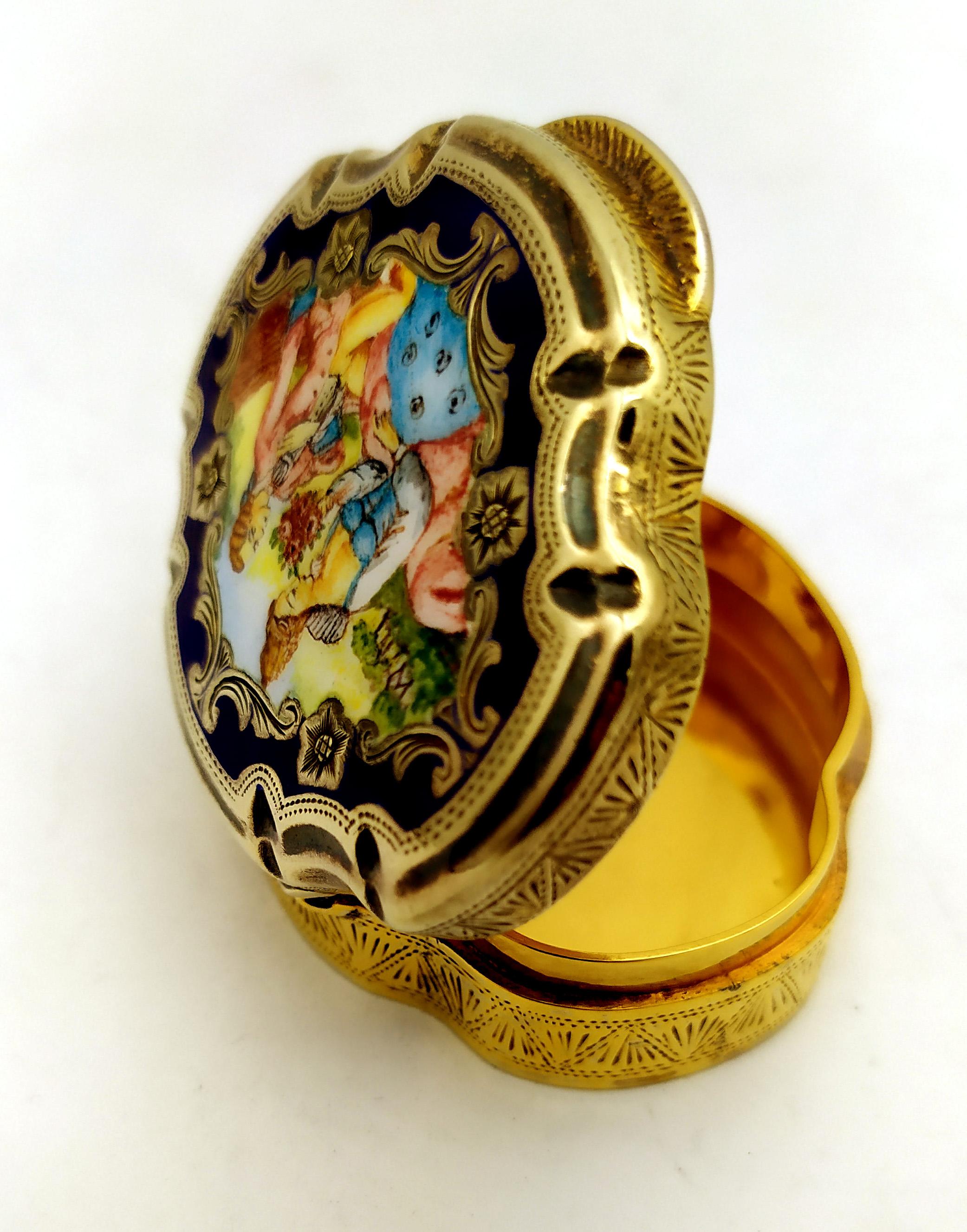 Pillendose Barocke Form mit pastoraler Miniatur Sterling Silber Salimbeni (Handgeschnitzt) im Angebot