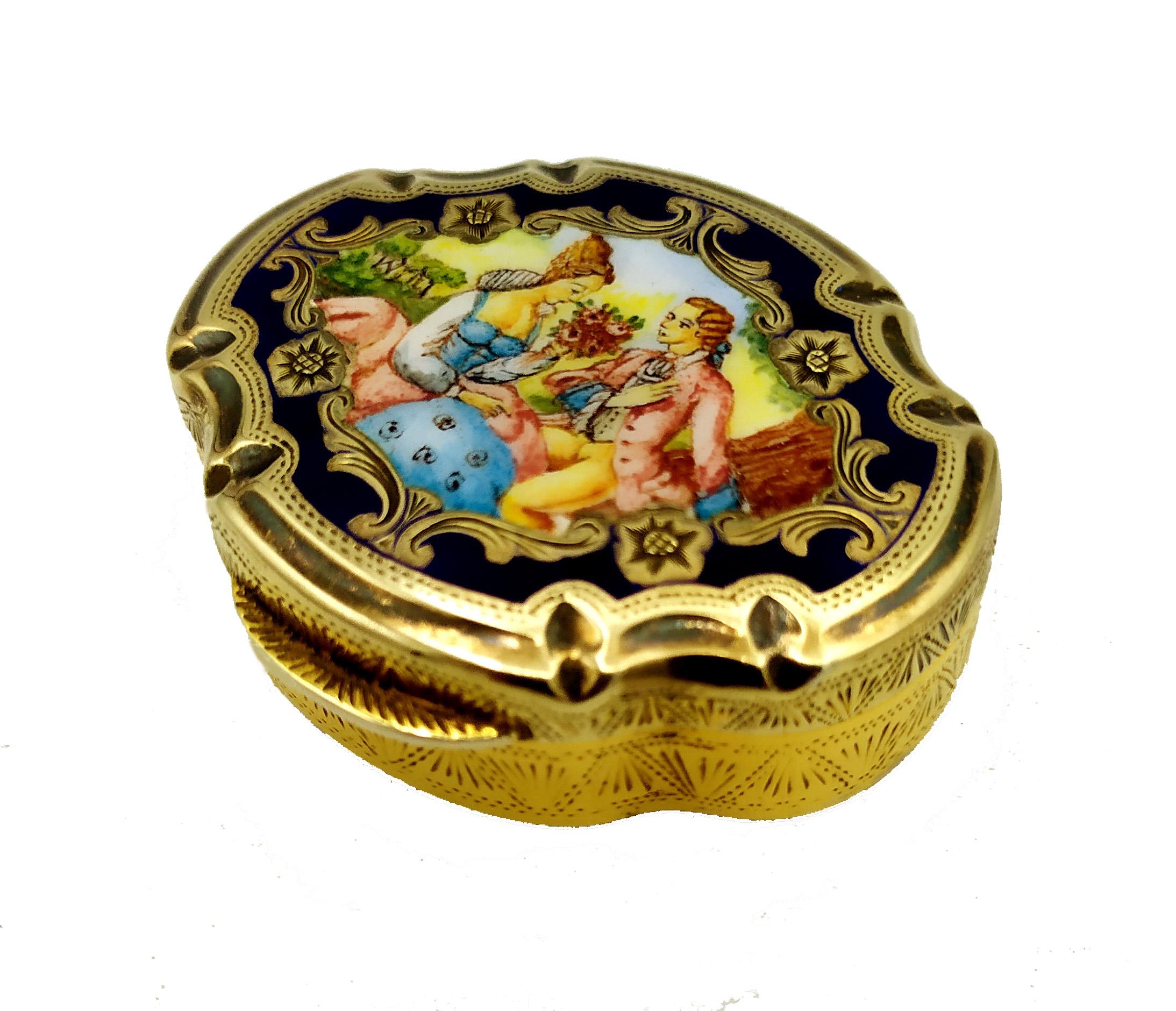 Plaqué or Boîte à pilules baroque avec miniature pastorale Salimbeni en argent sterling en vente