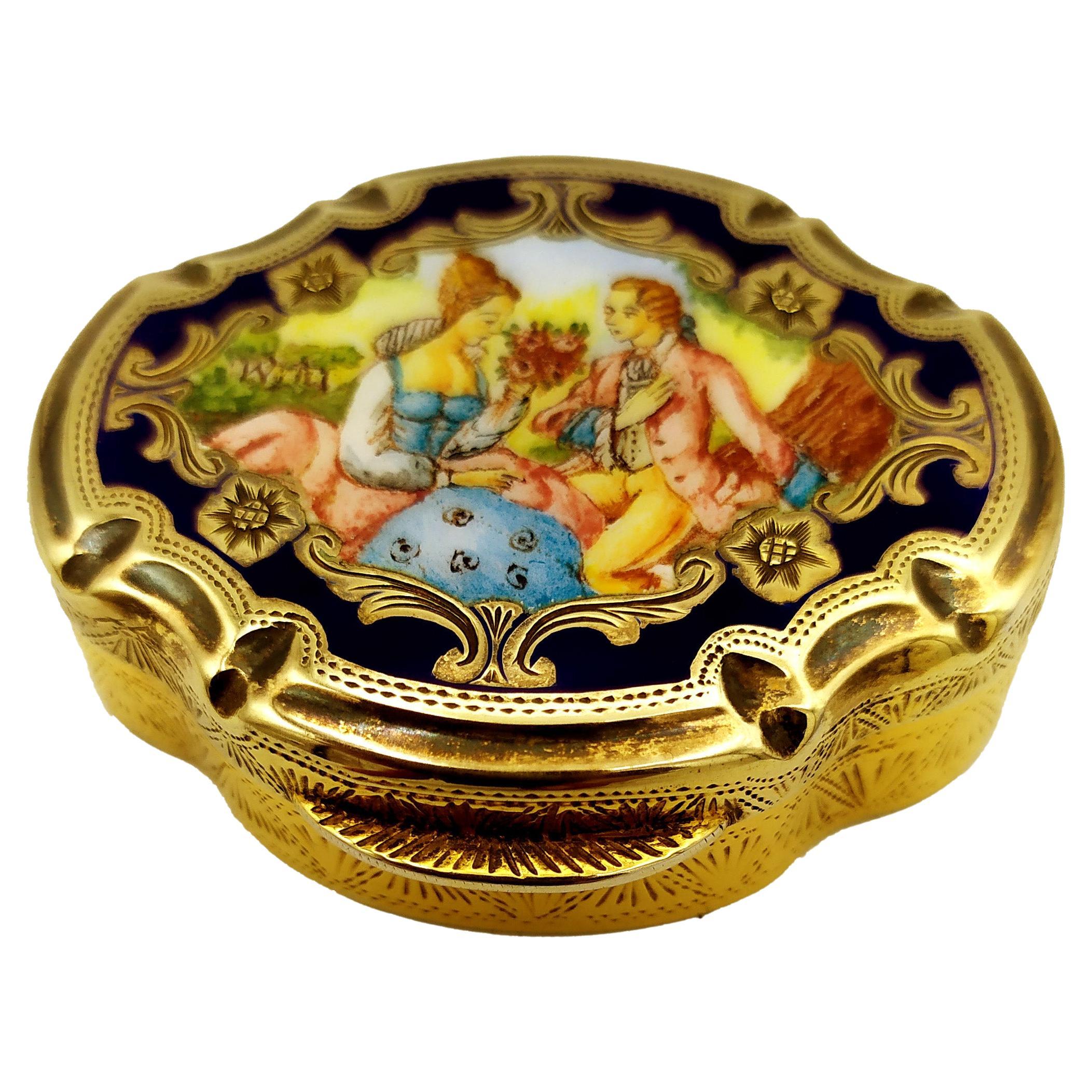 Pill Box Baroque shaped with pastoral miniature Sterling Silver Salimbeni
