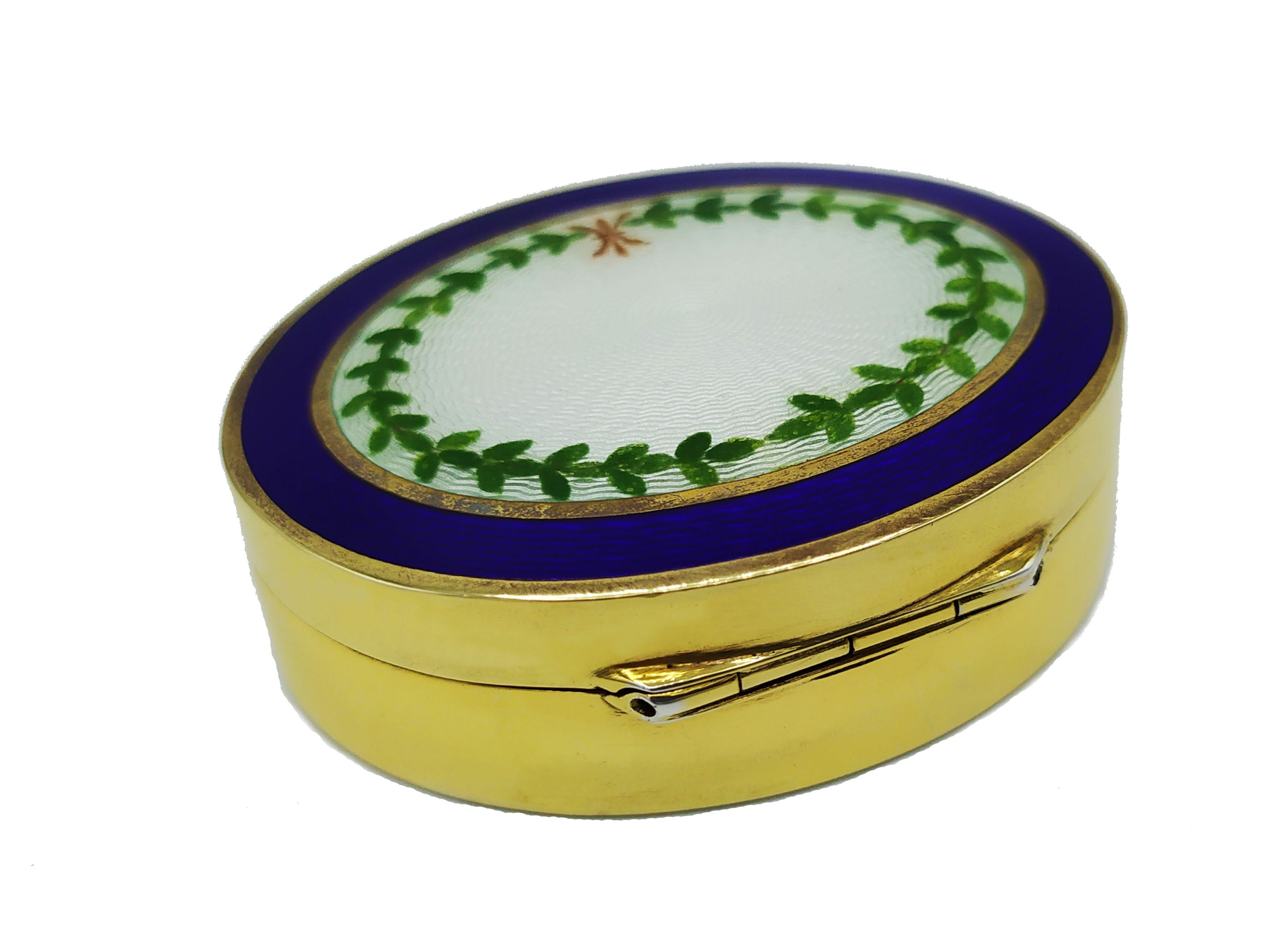 Art Nouveau Pill Box Blu White and Green Guilloche Enamel Box Salimbeni