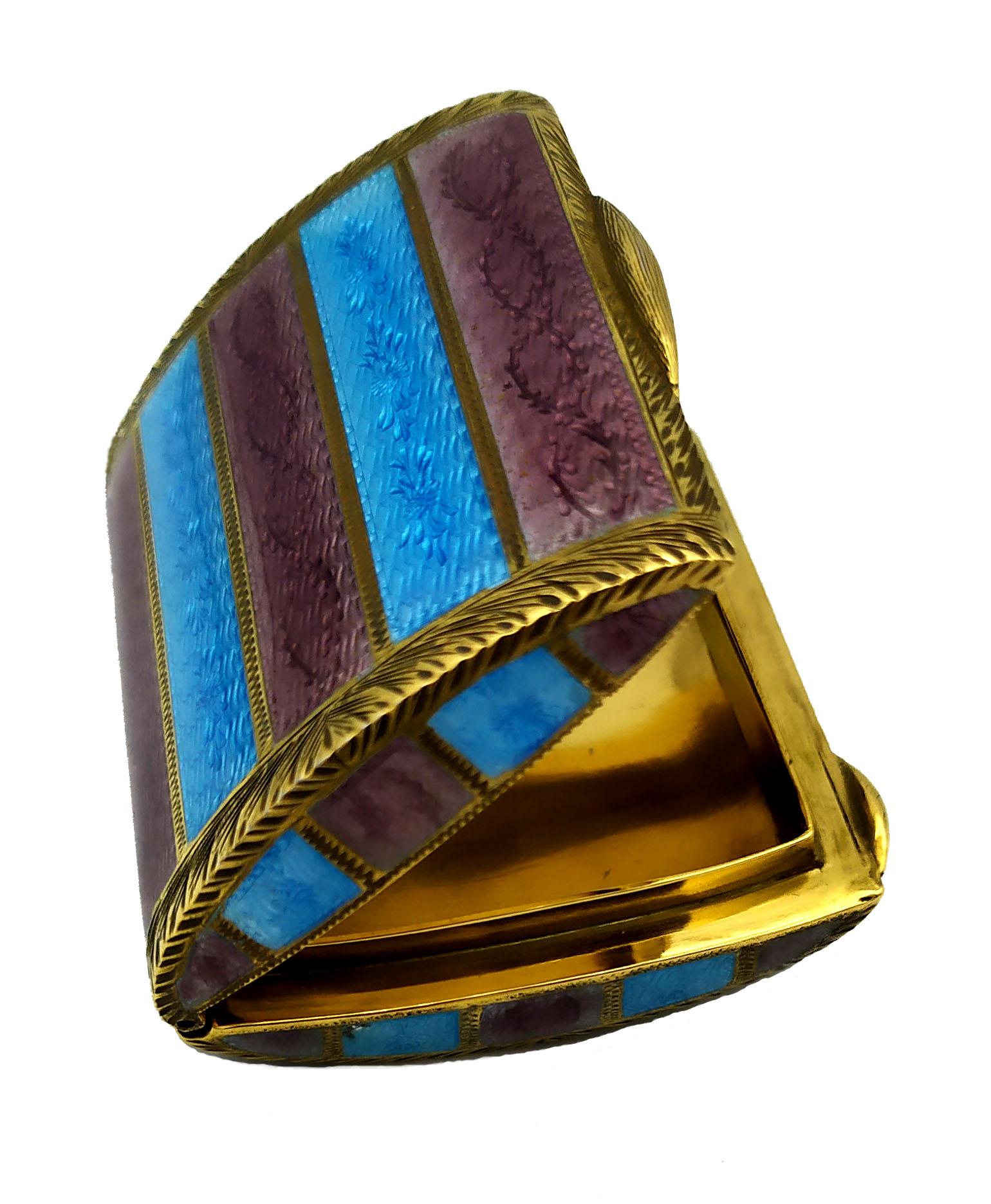 Hand-Carved Pill Box Brown and Turquise Stripes Enamel Guilloche Sterling Silver Salimbeni For Sale