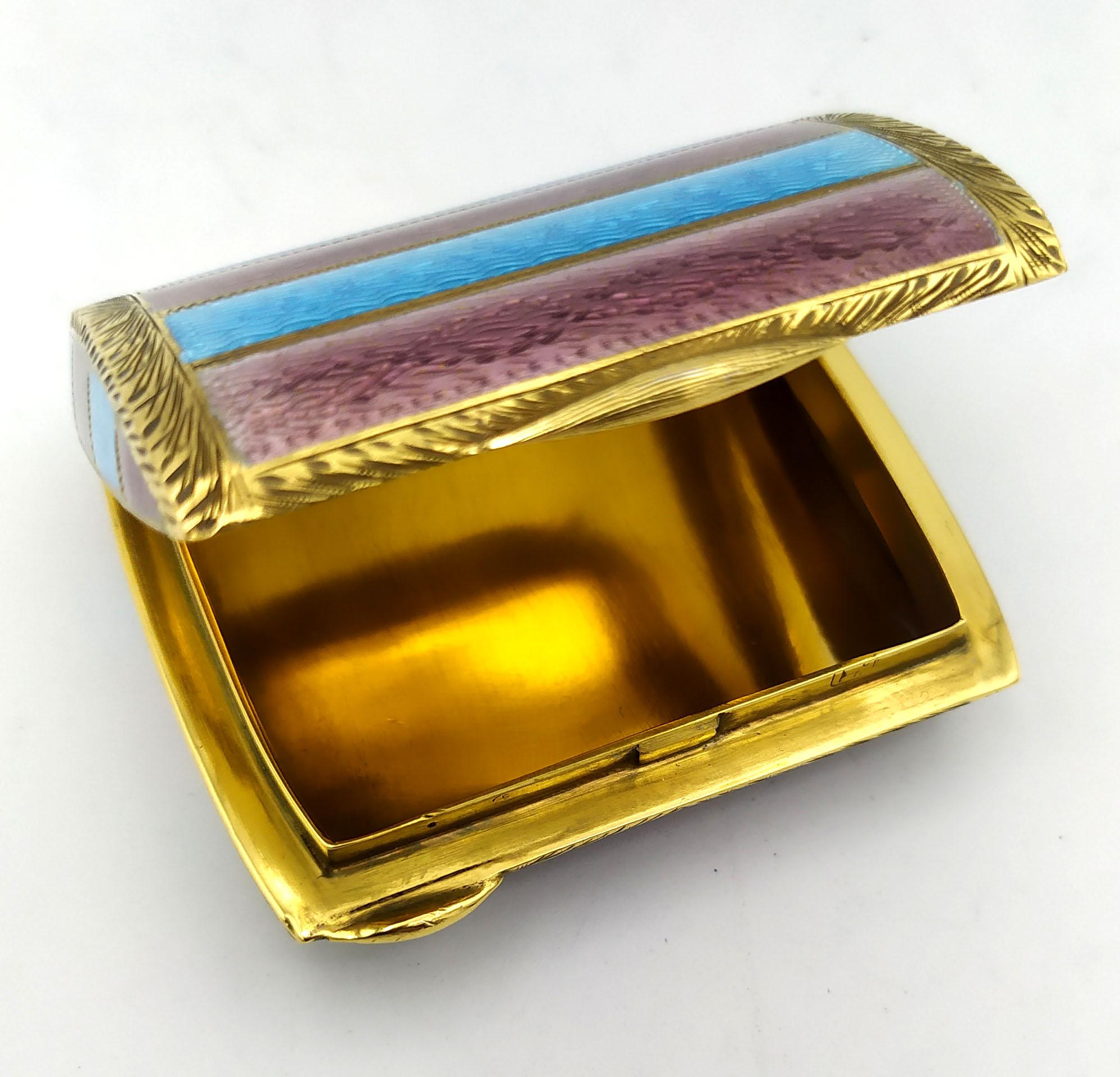 Late 20th Century Pill Box Brown and Turquise Stripes Enamel Guilloche Sterling Silver Salimbeni For Sale