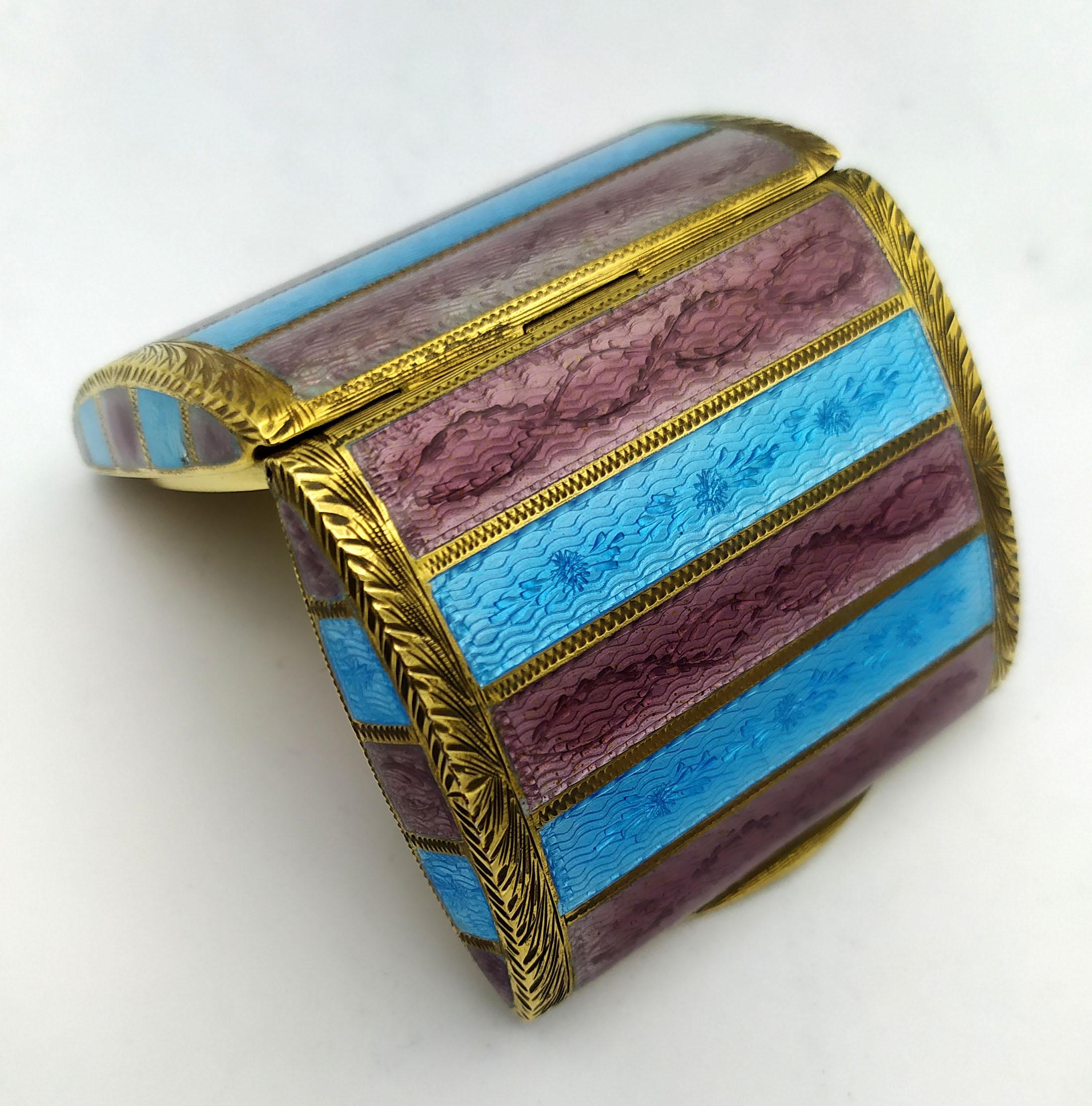 Pill Box Brown and Turquise Stripes Enamel Guilloche Sterling Silver Salimbeni For Sale 1