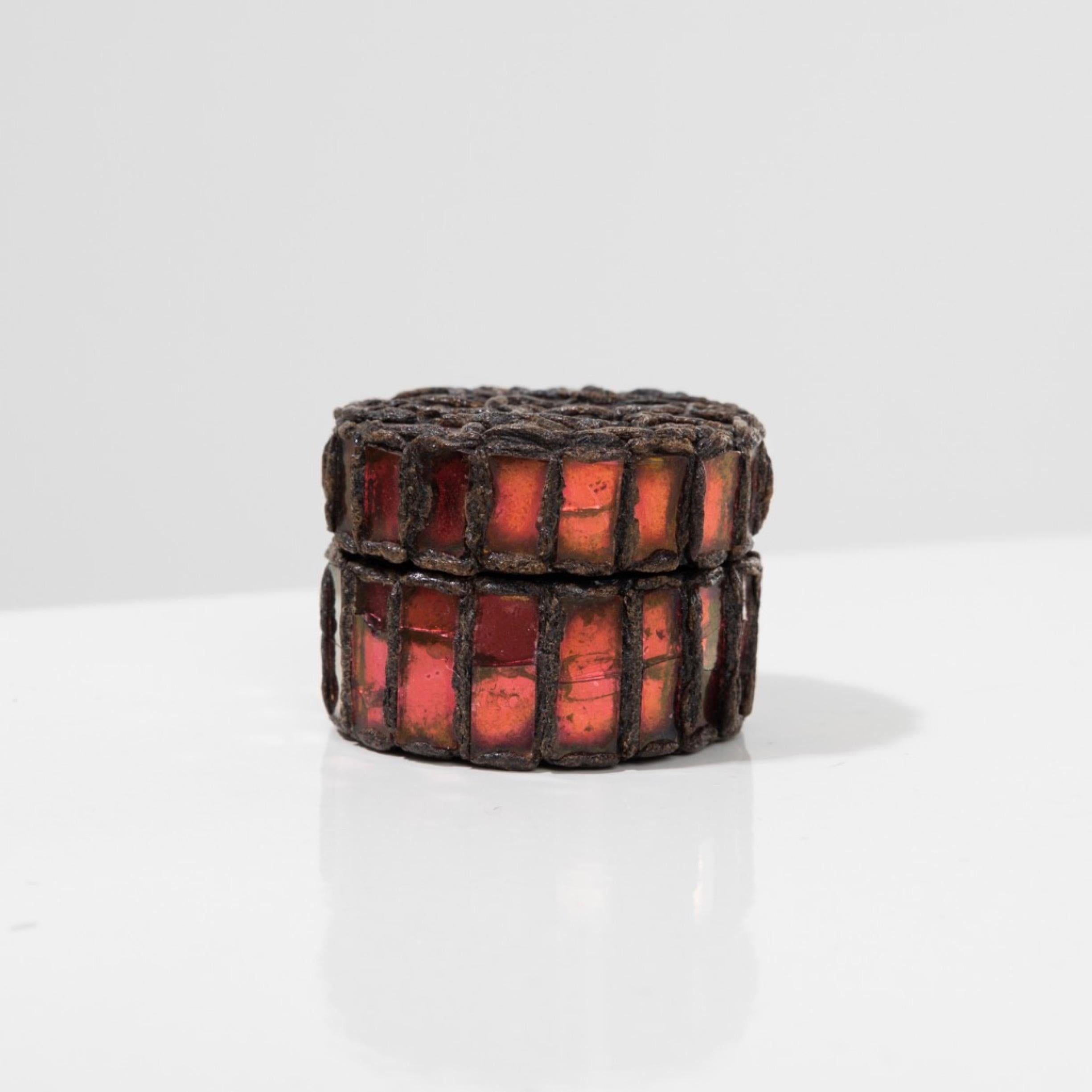 Mid-Century Modern Pill box by Line Vautrin- Talosel encrusted with garnet red mirrors For Sale