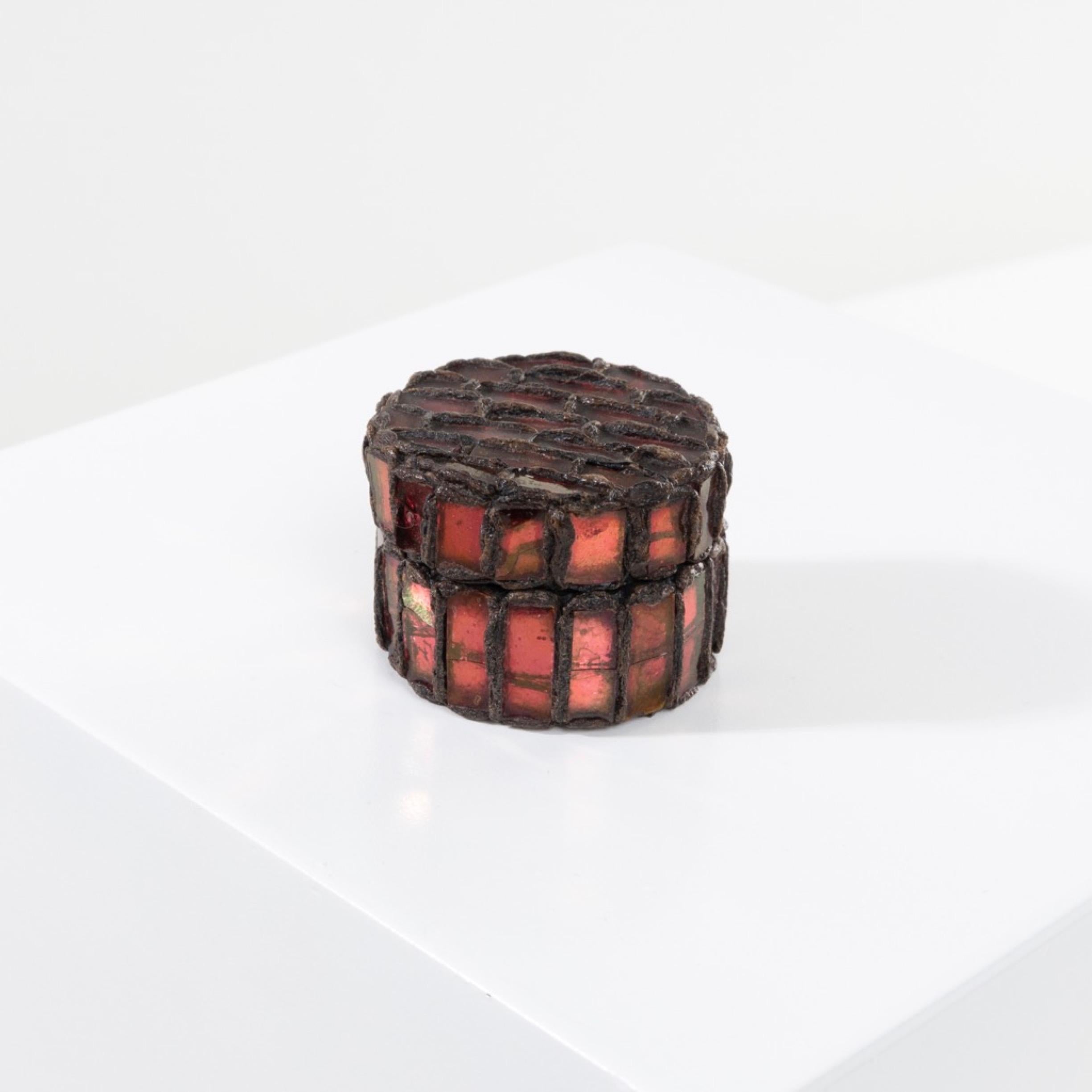 French Pill box by Line Vautrin- Talosel encrusted with garnet red mirrors For Sale