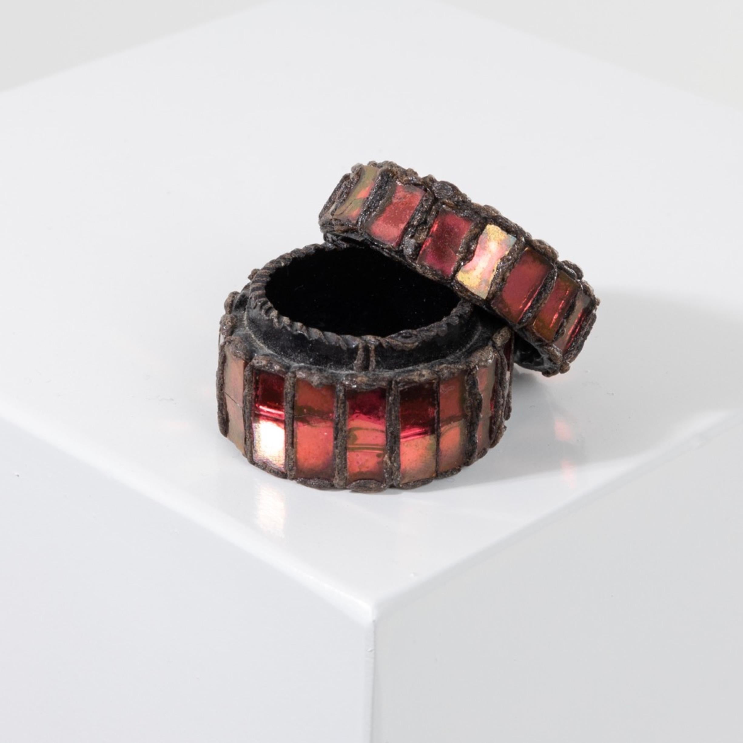 20th Century Pill box by Line Vautrin- Talosel encrusted with garnet red mirrors For Sale