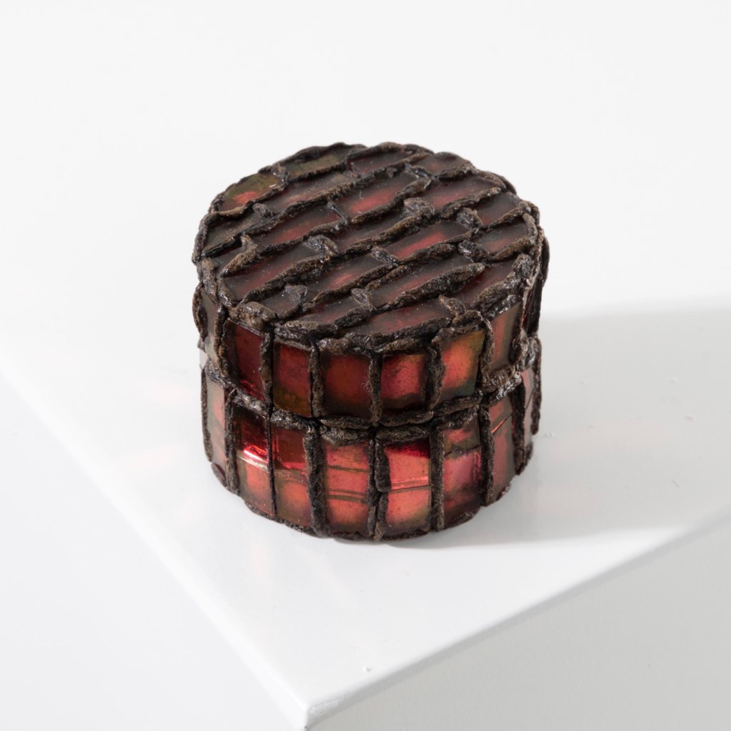 Pill box by Line Vautrin- Talosel encrusted with garnet red mirrors For Sale 1