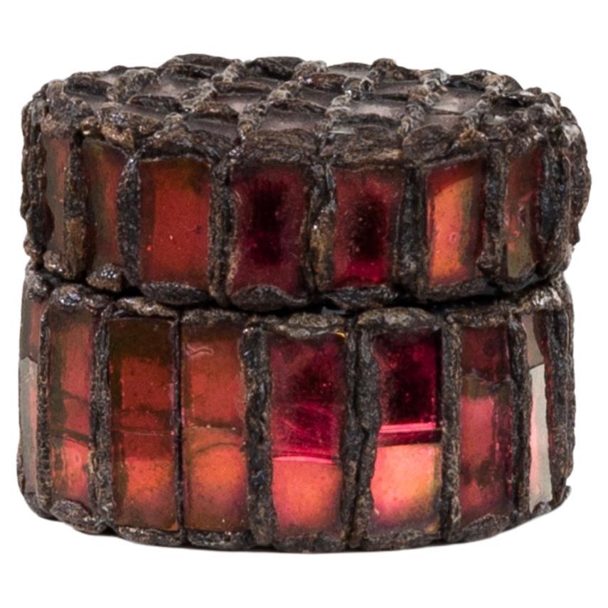 Pill box by Line Vautrin- Talosel encrusted with garnet red mirrors For Sale