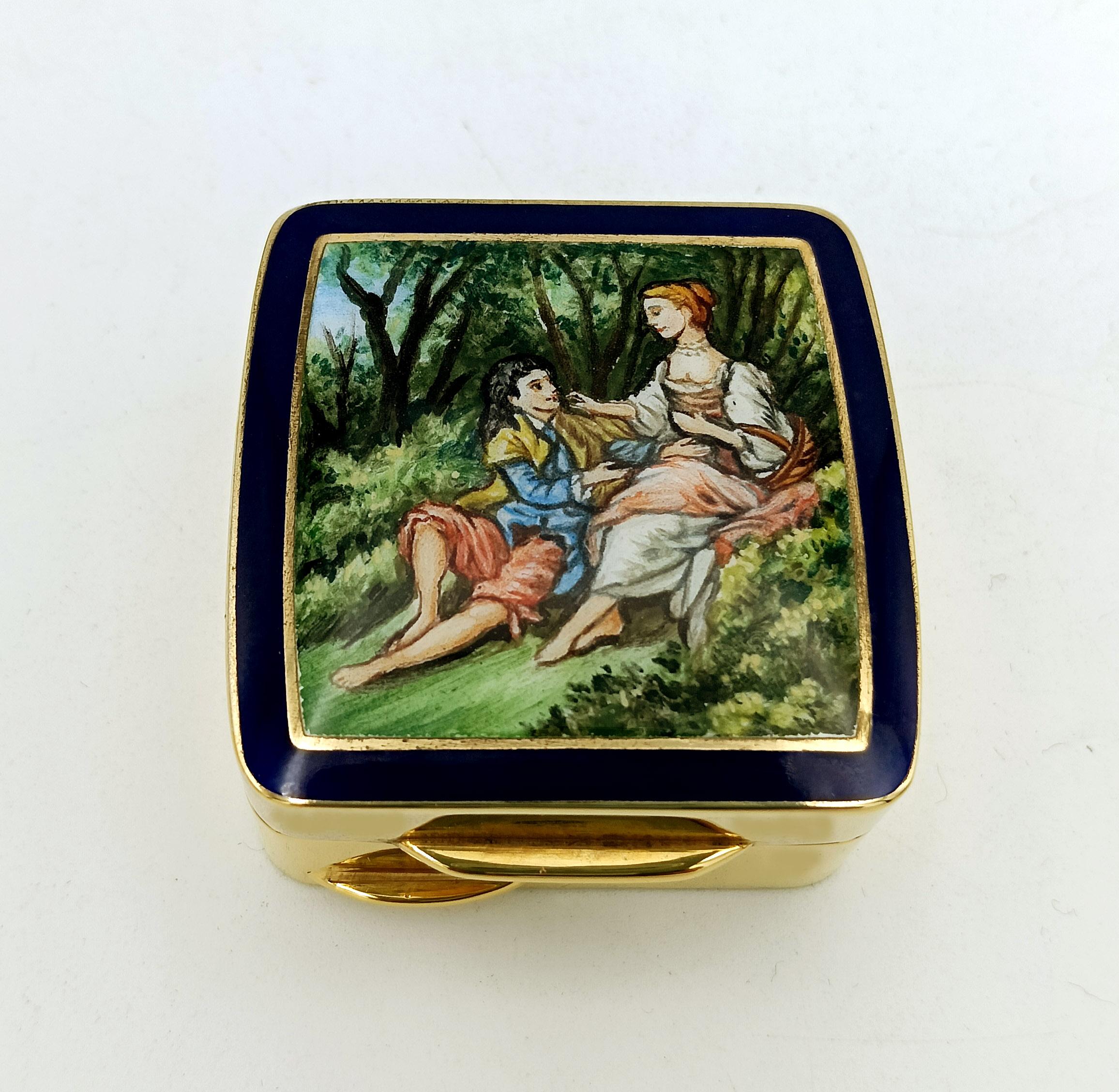 Napoleon III Pill box enamel “pastoral”miniature on sterling silver gold plated Salimbeni For Sale