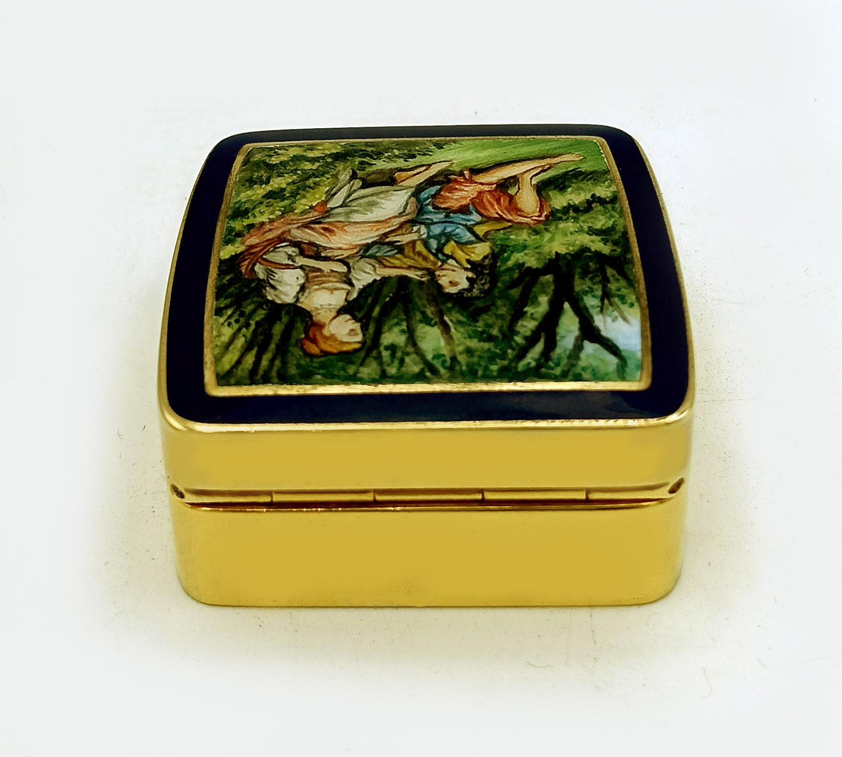 Pill box enamel “pastoral”miniature on sterling silver gold plated Salimbeni In Excellent Condition For Sale In Firenze, FI