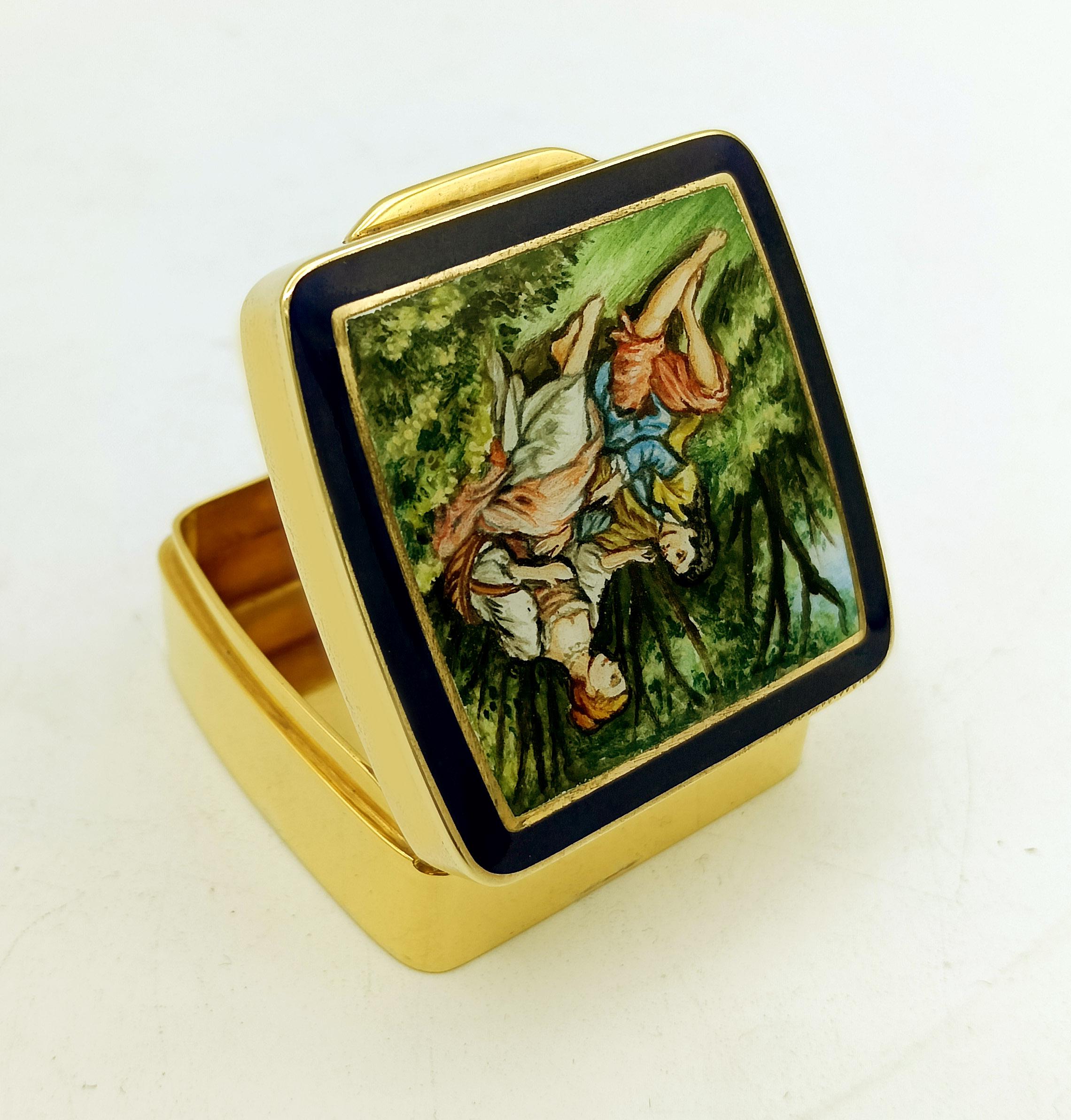 Late 20th Century Pill box enamel “pastoral”miniature on sterling silver gold plated Salimbeni For Sale