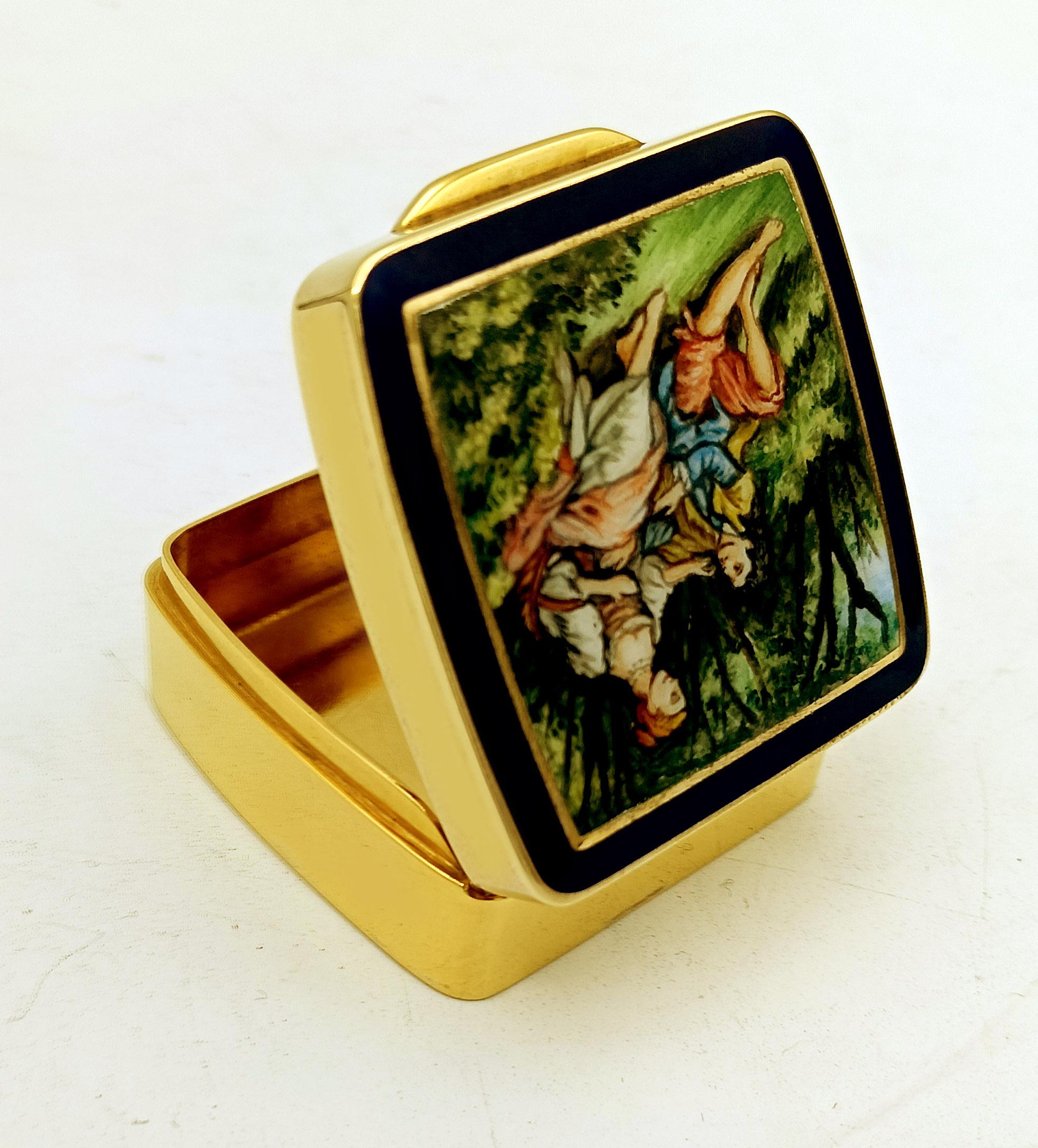 Gold Plate Pill box enamel “pastoral”miniature on sterling silver gold plated Salimbeni For Sale