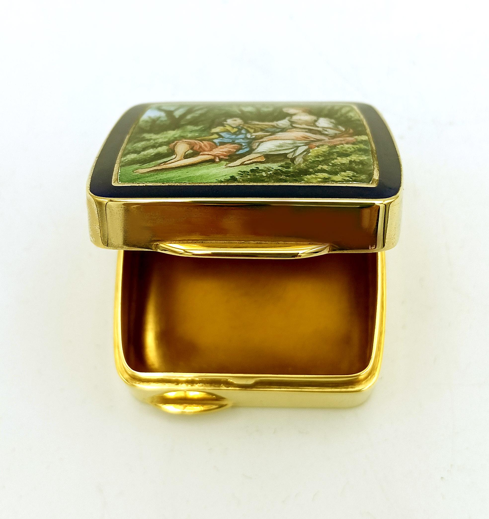 Pill box enamel “pastoral”miniature on sterling silver gold plated Salimbeni For Sale 1