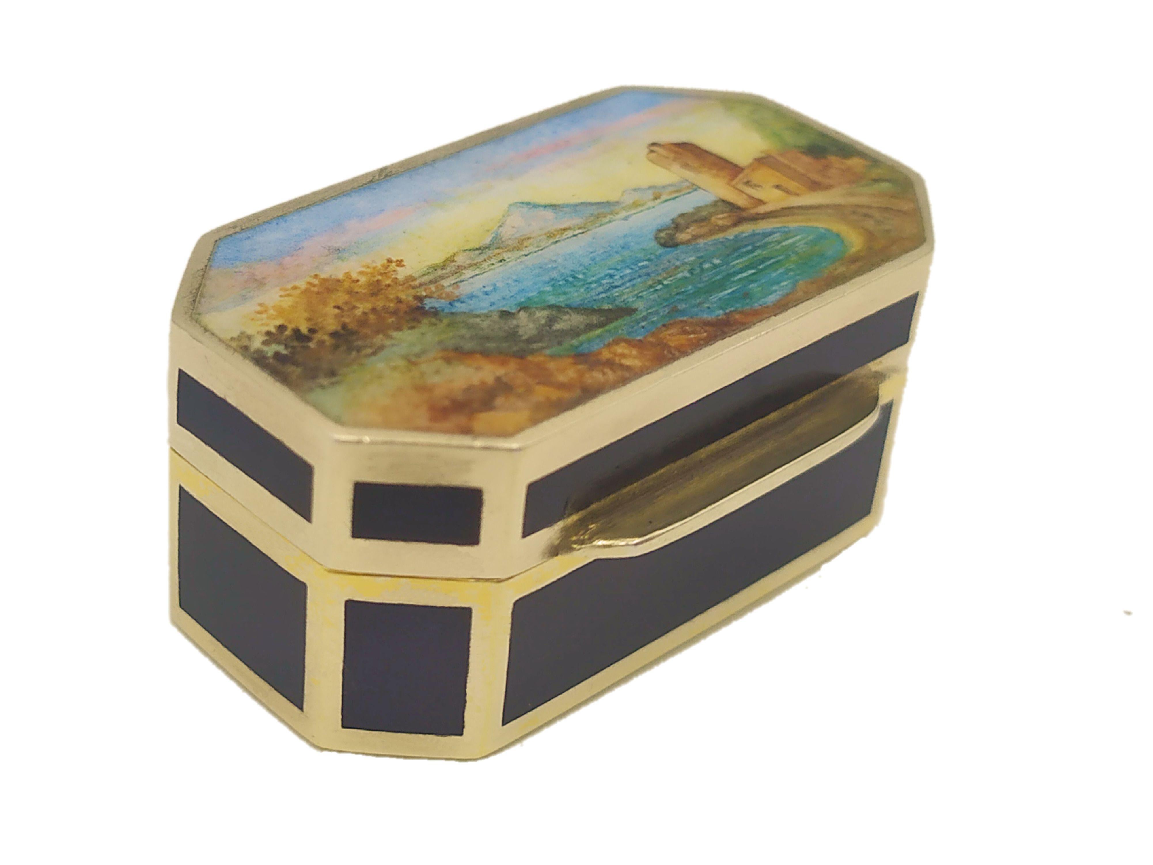Queen Anne Pill Box Enamelled Sterling Silver landscape Salimbeni