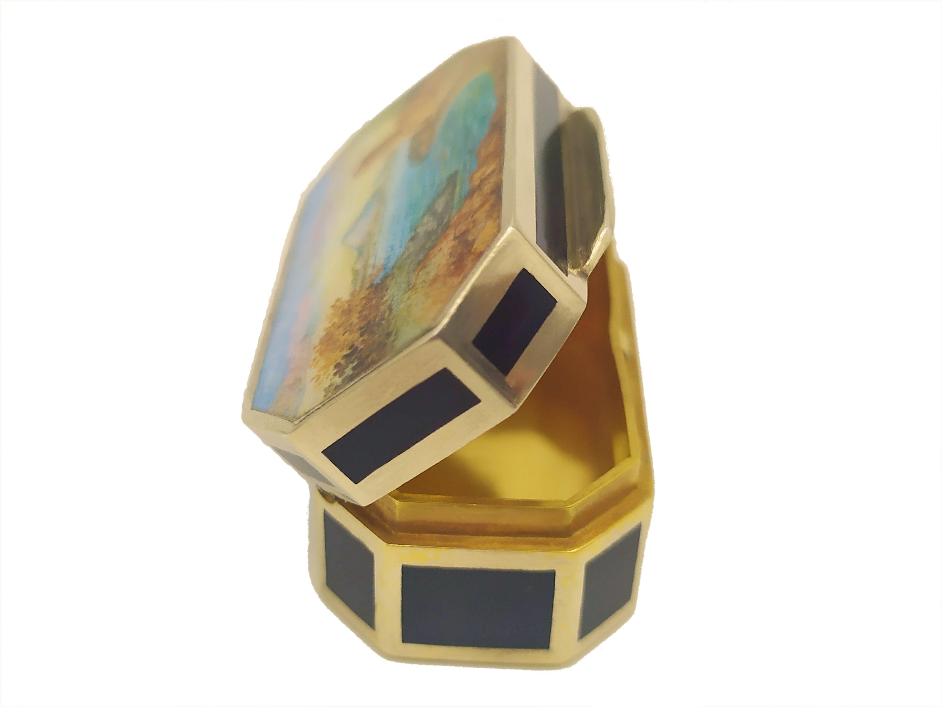 Hand-Carved Pill Box Enamelled Sterling Silver landscape Salimbeni