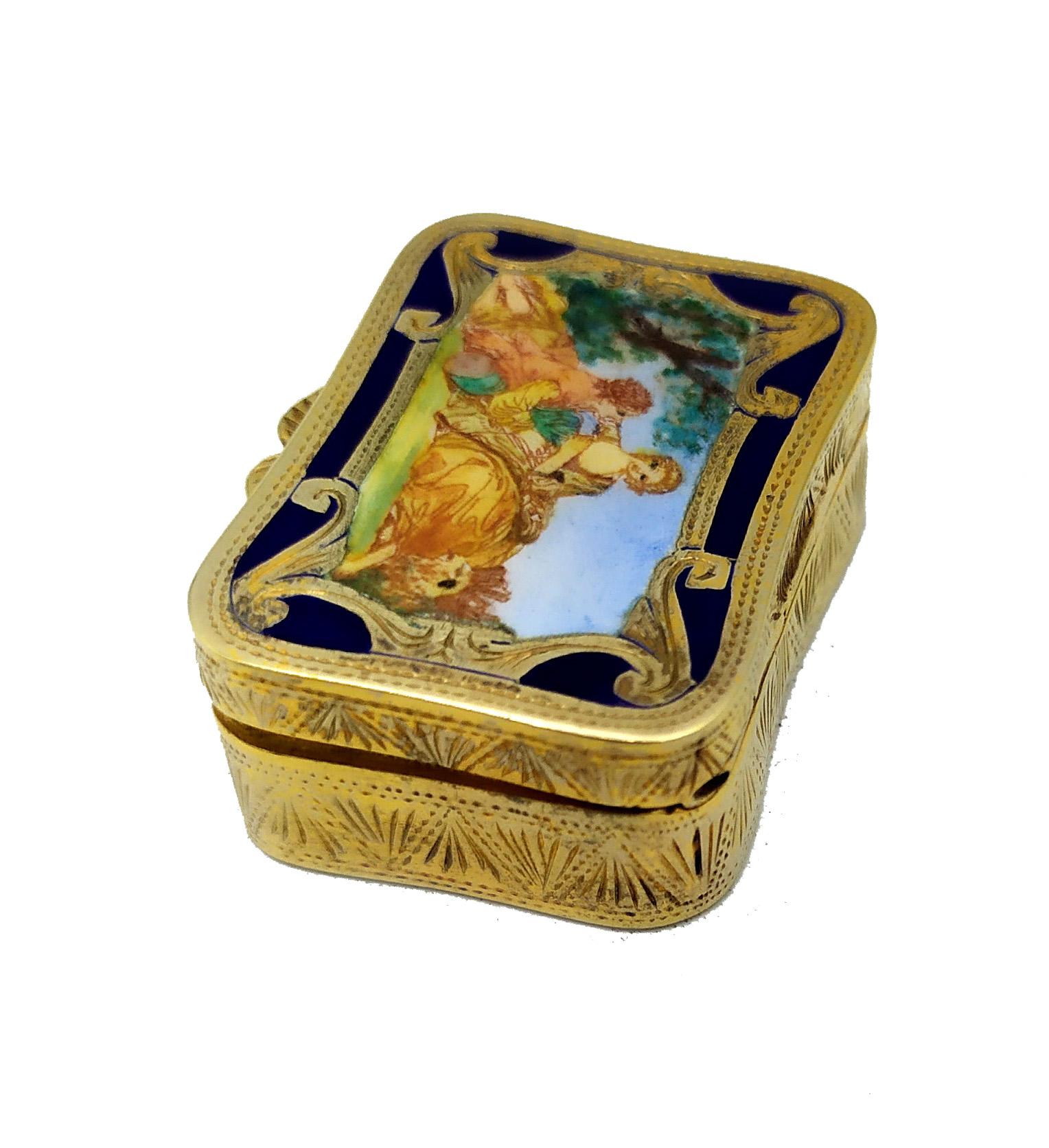 Italian Pill Box fired Enamel Miniature Louis XVI style Sterling Silver Salimbeni For Sale