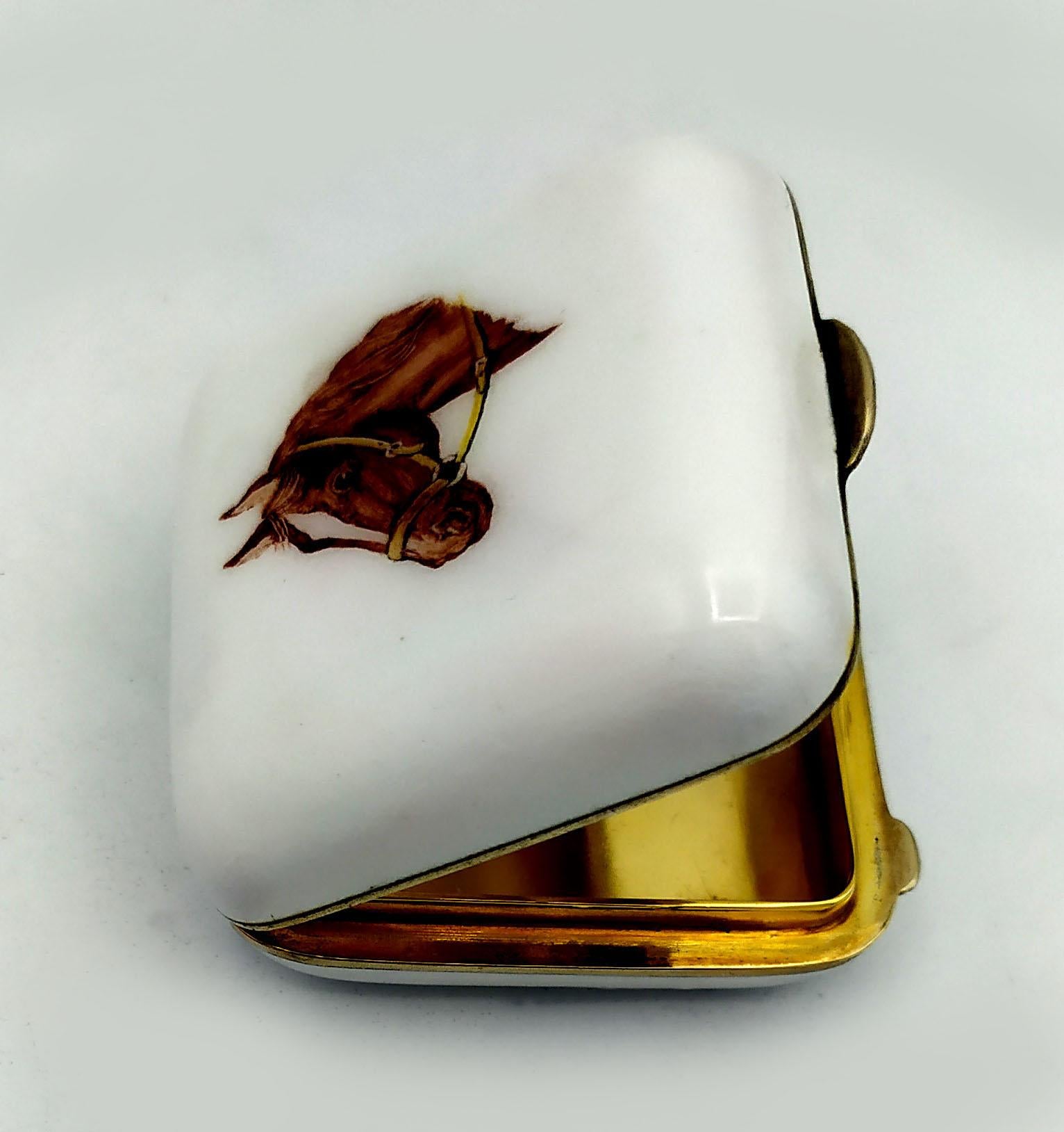 Art Nouveau Pill Box Fired Enamel with Hand Painted Horse Head Sterling Silver Salimbeni For Sale