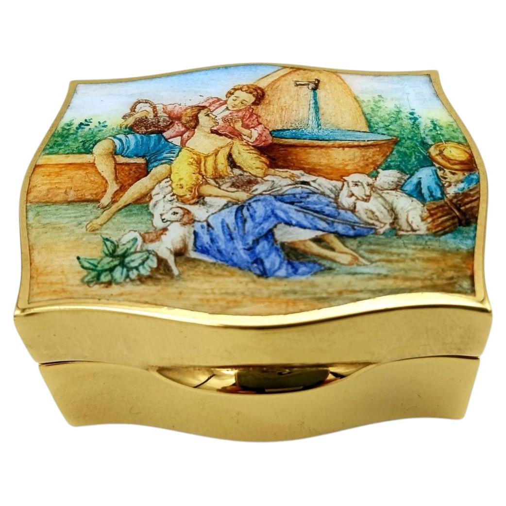 Pill box with fired enamels, hand-painted pastoral scene in the Baroque style by Salimbeni For Sale