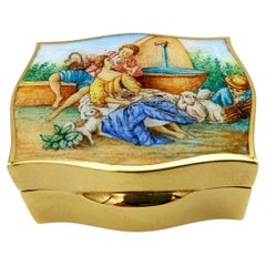 Pastillero con esmaltes cocidos y escena pastoral pintada a mano en estilo barroco, de Salimbeni