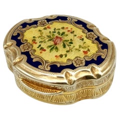 Pill Box fired enamels on guilloche hand-painted floral miniature Salimbeni