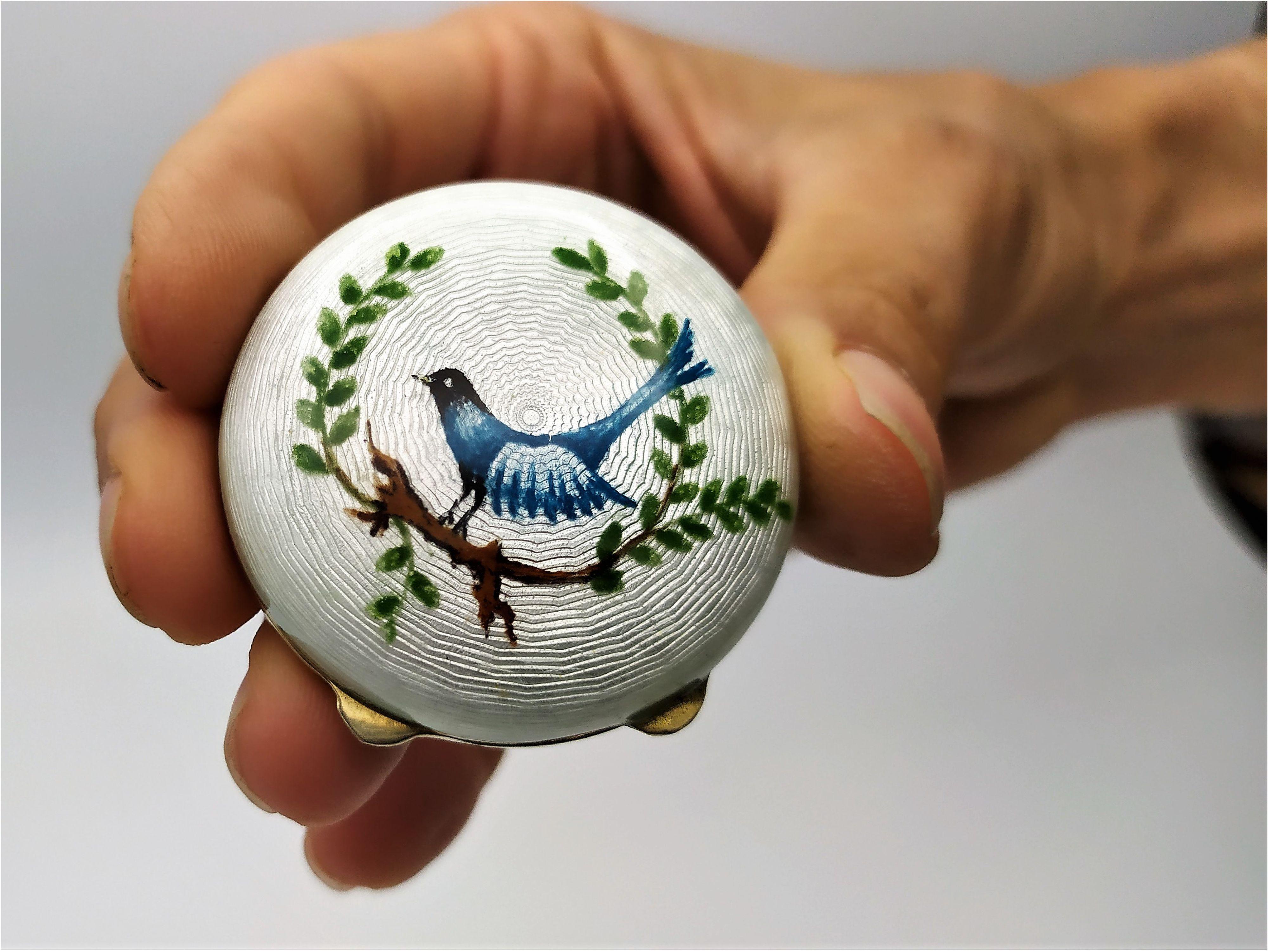 Pillbox with translucent fire enamels on guillochè above and below, and hand-painted miniature bird domed round 925/1000 sterling silver gold plated. Viennese Art Nouveau style second half of the 19th century. Size diameter cm. 4.2 height cm. 1.7.
