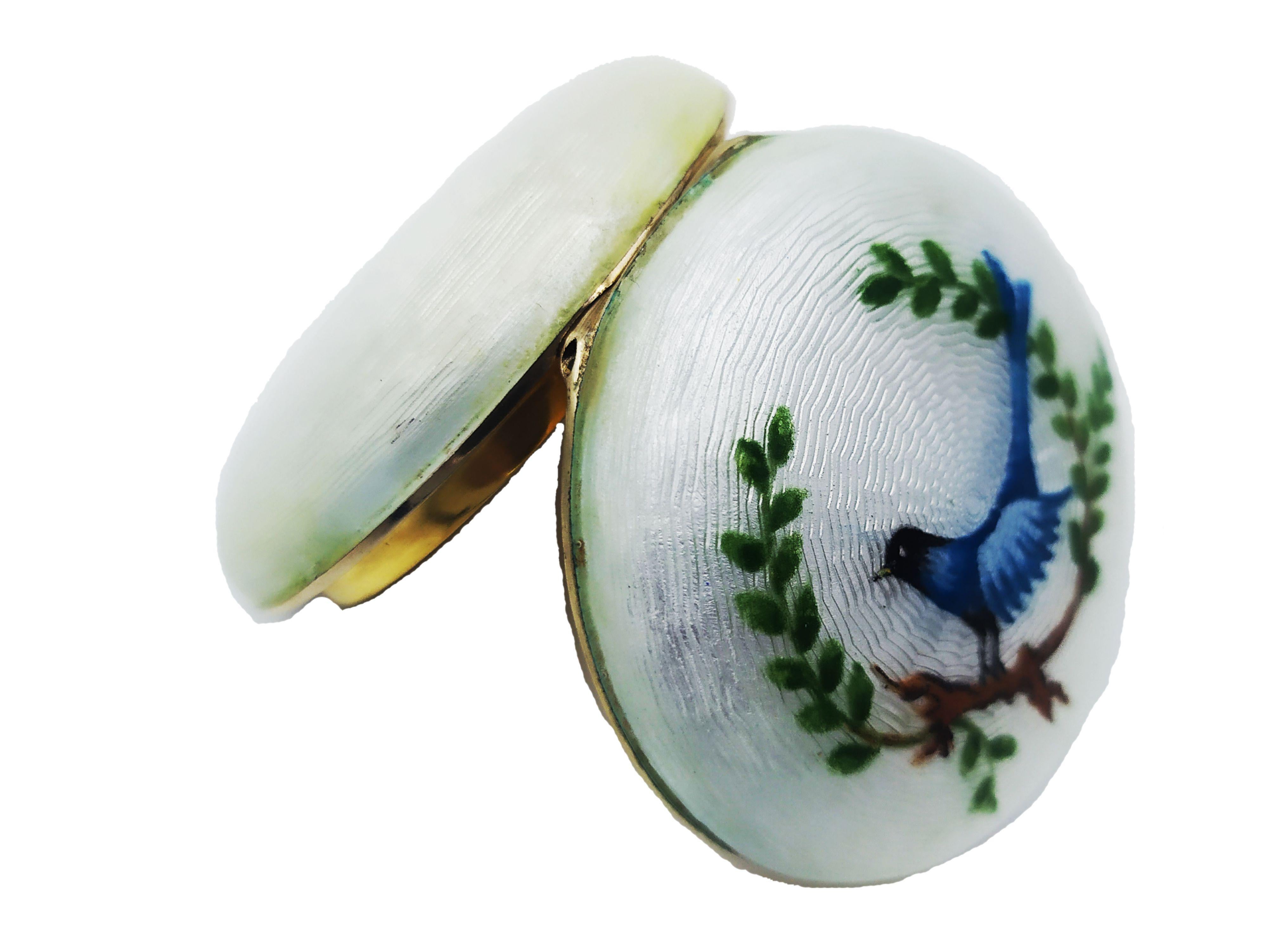 Art Nouveau Pill Box Guilloche Enamel Box with Miniature Bird Salimbeni