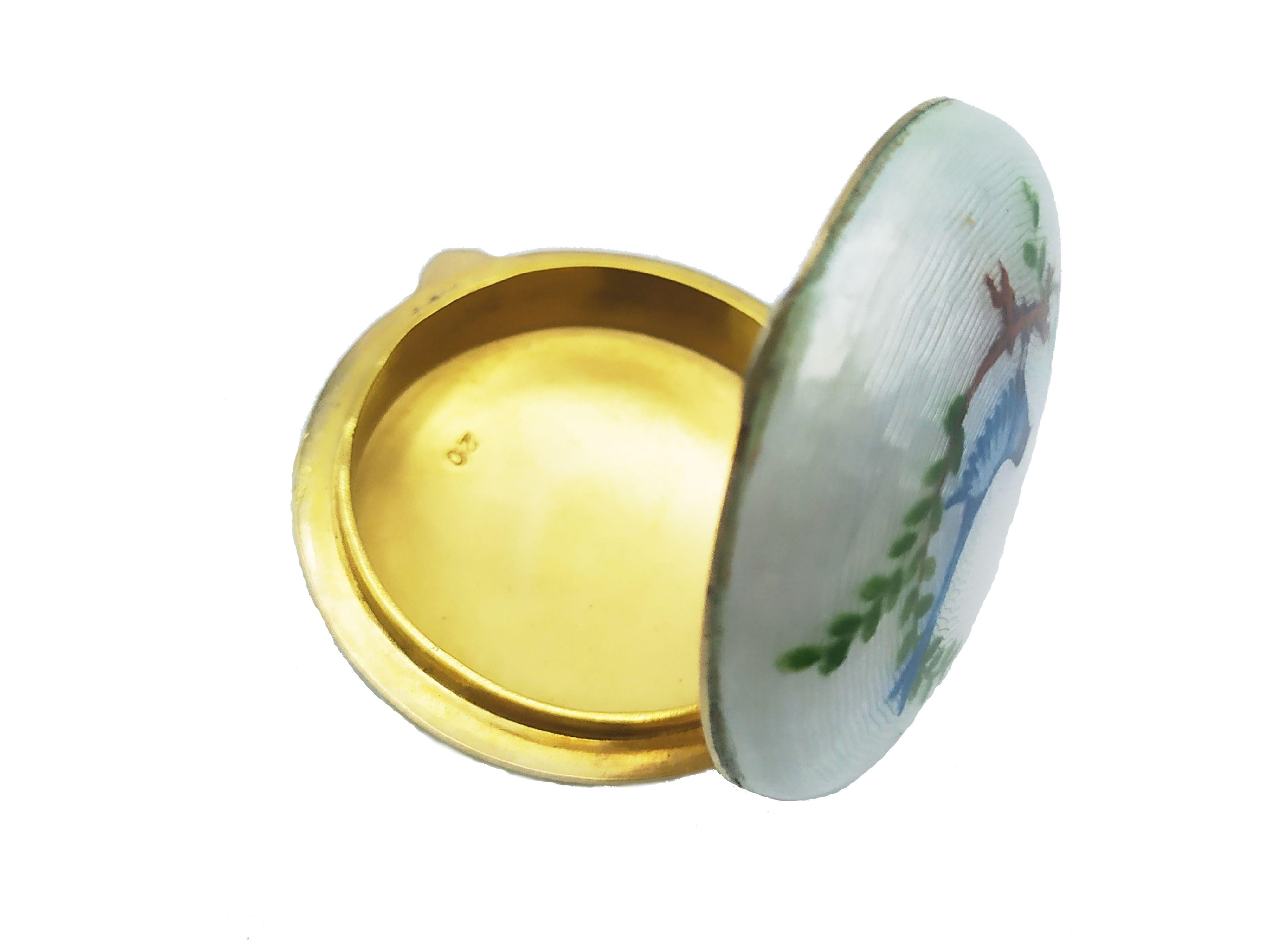 Italian Pill Box Guilloche Enamel Box with Miniature Bird Salimbeni