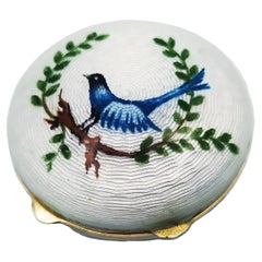 Pill Box Guilloche Enamel Box with Miniature Bird Salimbeni