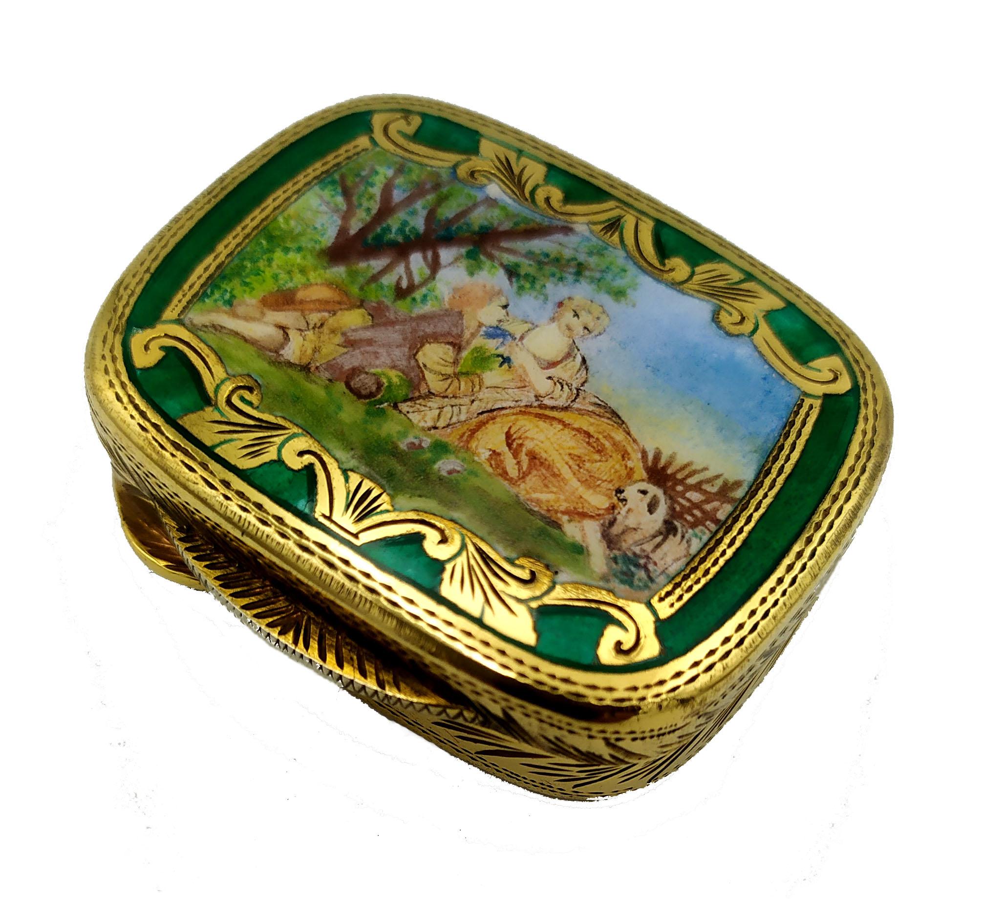 Rectangular rounded pill box in 925/1000 sterling silver gold plated with hand painted miniature fire-enamelled in Louis XVI style, second half of the 18th century, and fine hand-engravings. Measure cm. 3.5 x 4.3 cm high. 1.4. Weight gr. 40.
