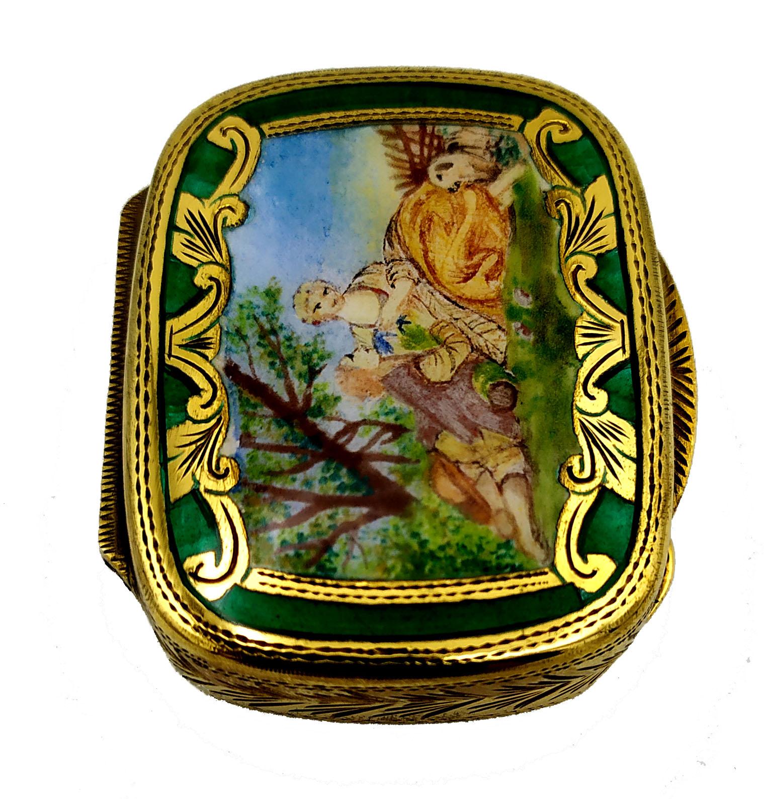 Italian Pill Box Hand Painted Miniature Enamel Louis XVI Style Sterling Silver Salimbeni For Sale