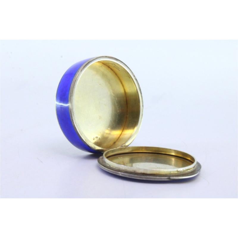 European Pill box in silver enameled lid and casing and gold interior For Sale