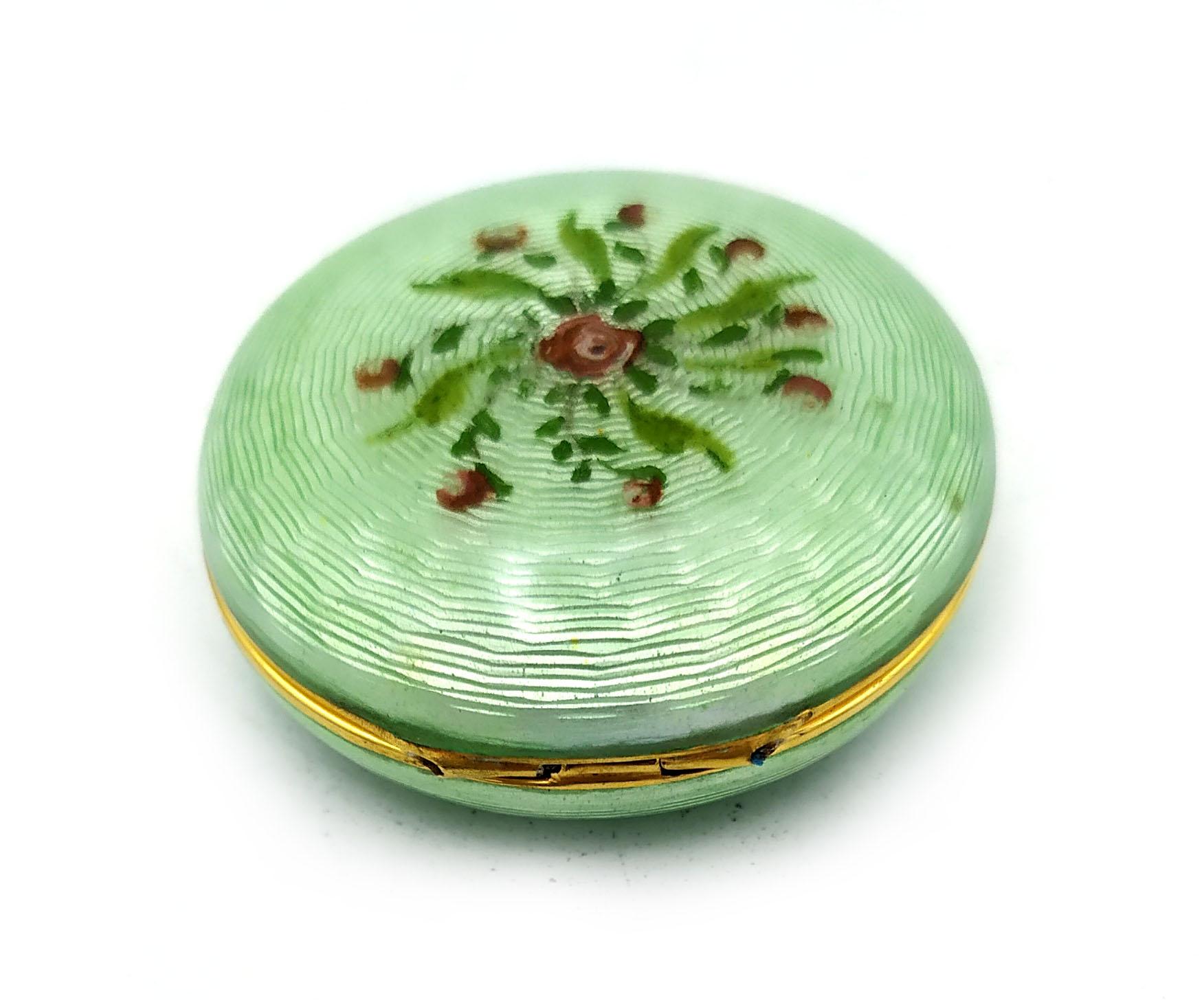 Art Nouveau Pill box light green hand-painted floral miniature Sterling Silver Salimbeni  For Sale