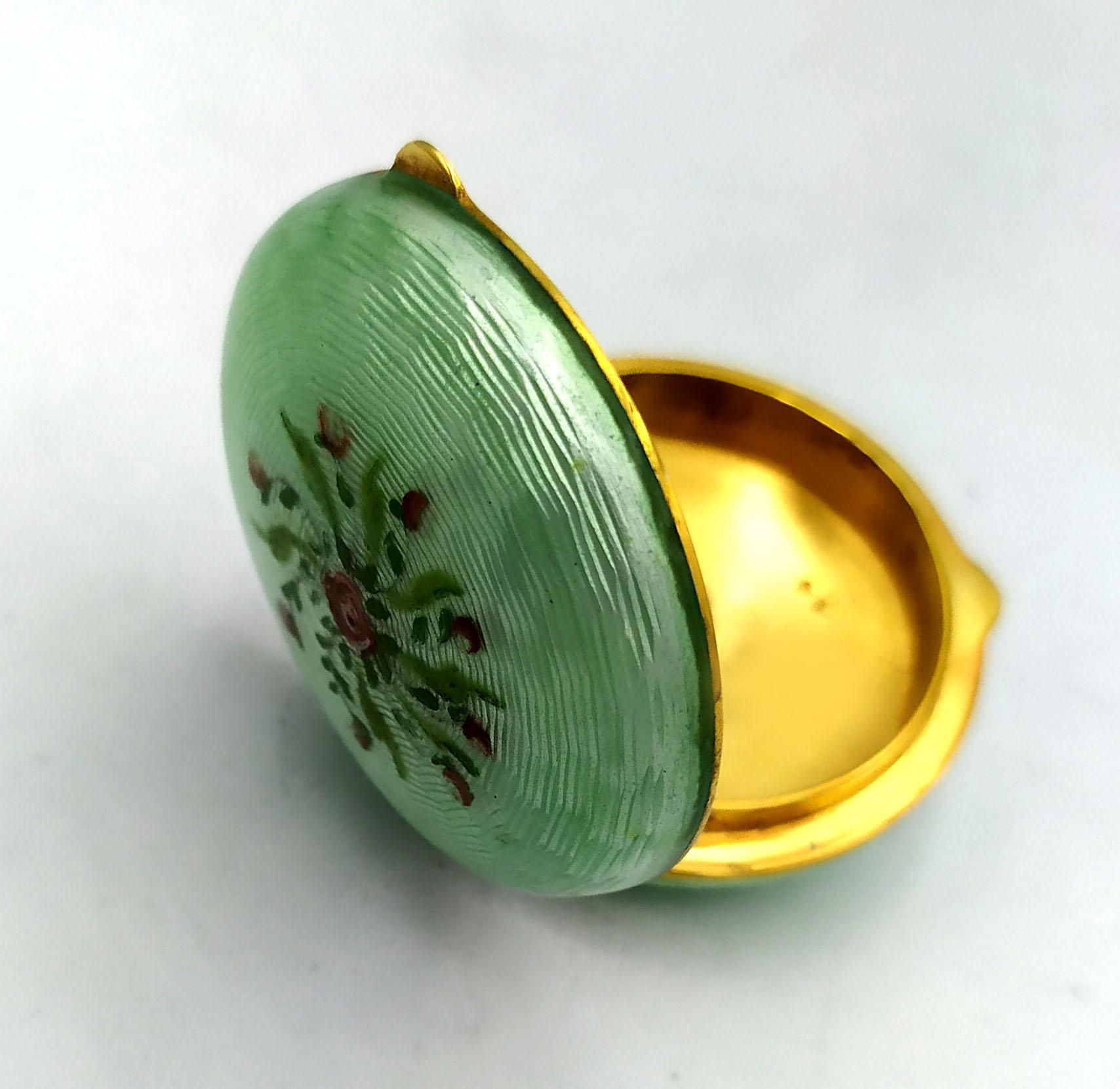 Hand-Carved Pill box light green hand-painted floral miniature Sterling Silver Salimbeni  For Sale