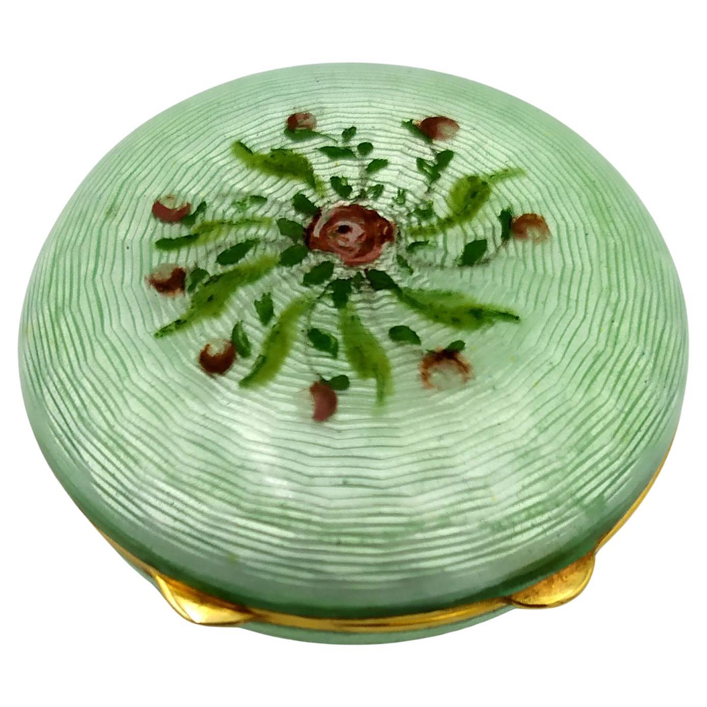 Pill box light green hand-painted floral miniature Sterling Silver Salimbeni  For Sale