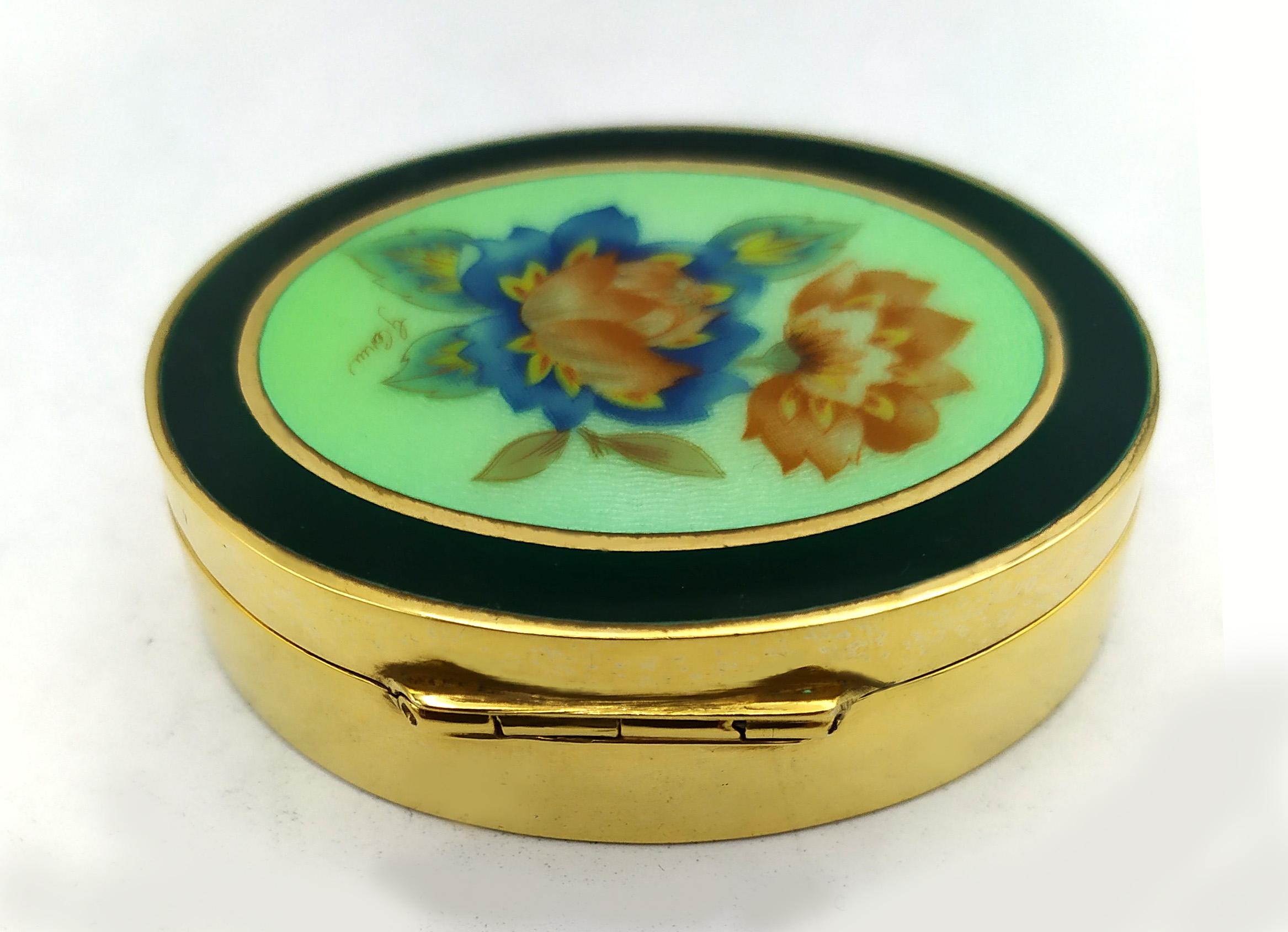 italien Boîte à pilules ovale avec miniature florale de style Art Nouveau en argent sterling Salimbeni en vente