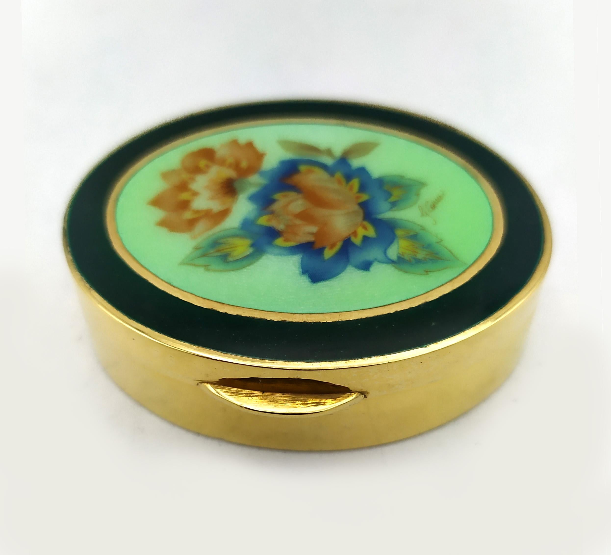 Fin du 20e siècle Boîte à pilules ovale avec miniature florale de style Art Nouveau en argent sterling Salimbeni en vente
