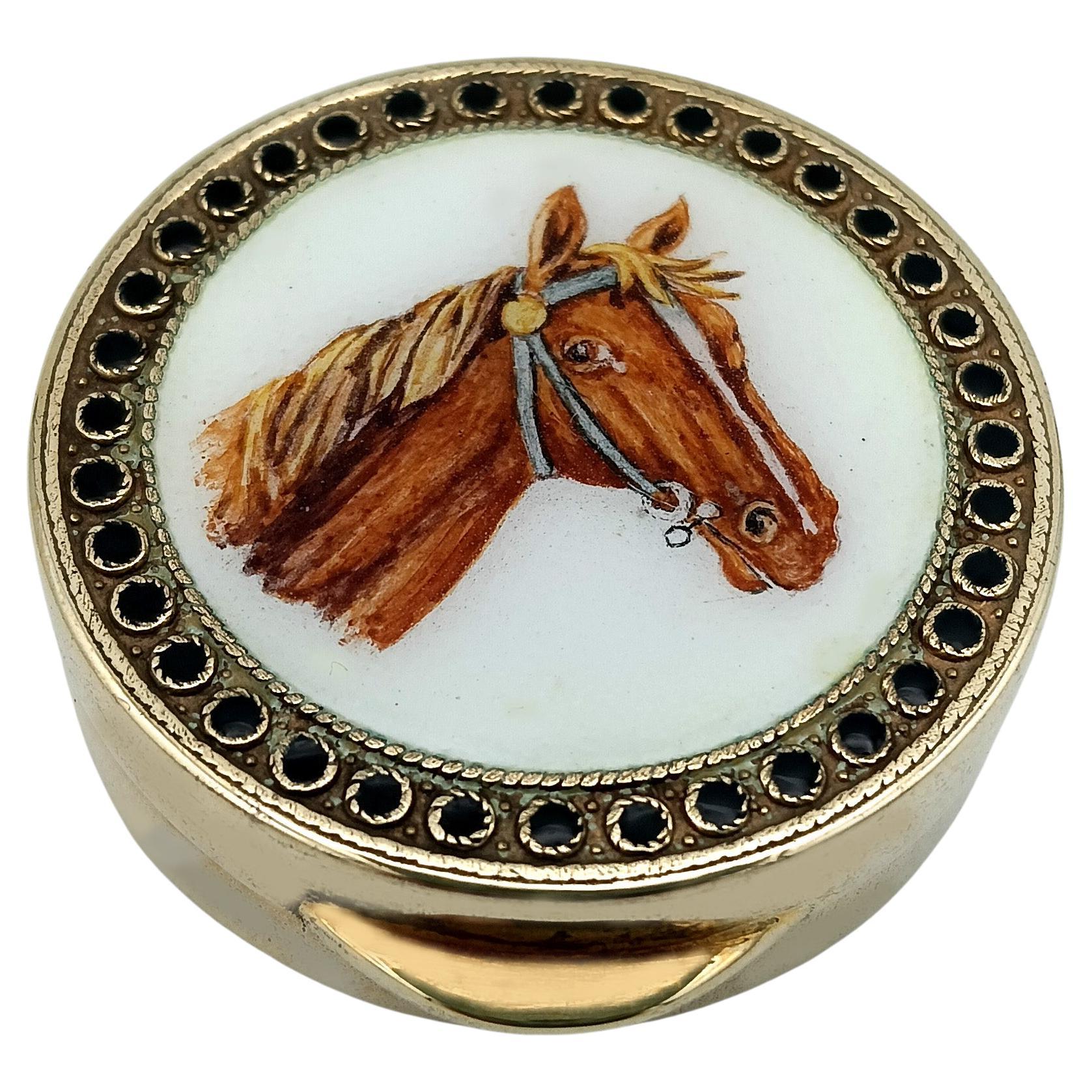Pastillero redondo pintado a mano cabeza de caballo miniatura Plata de Ley Salimbeni
