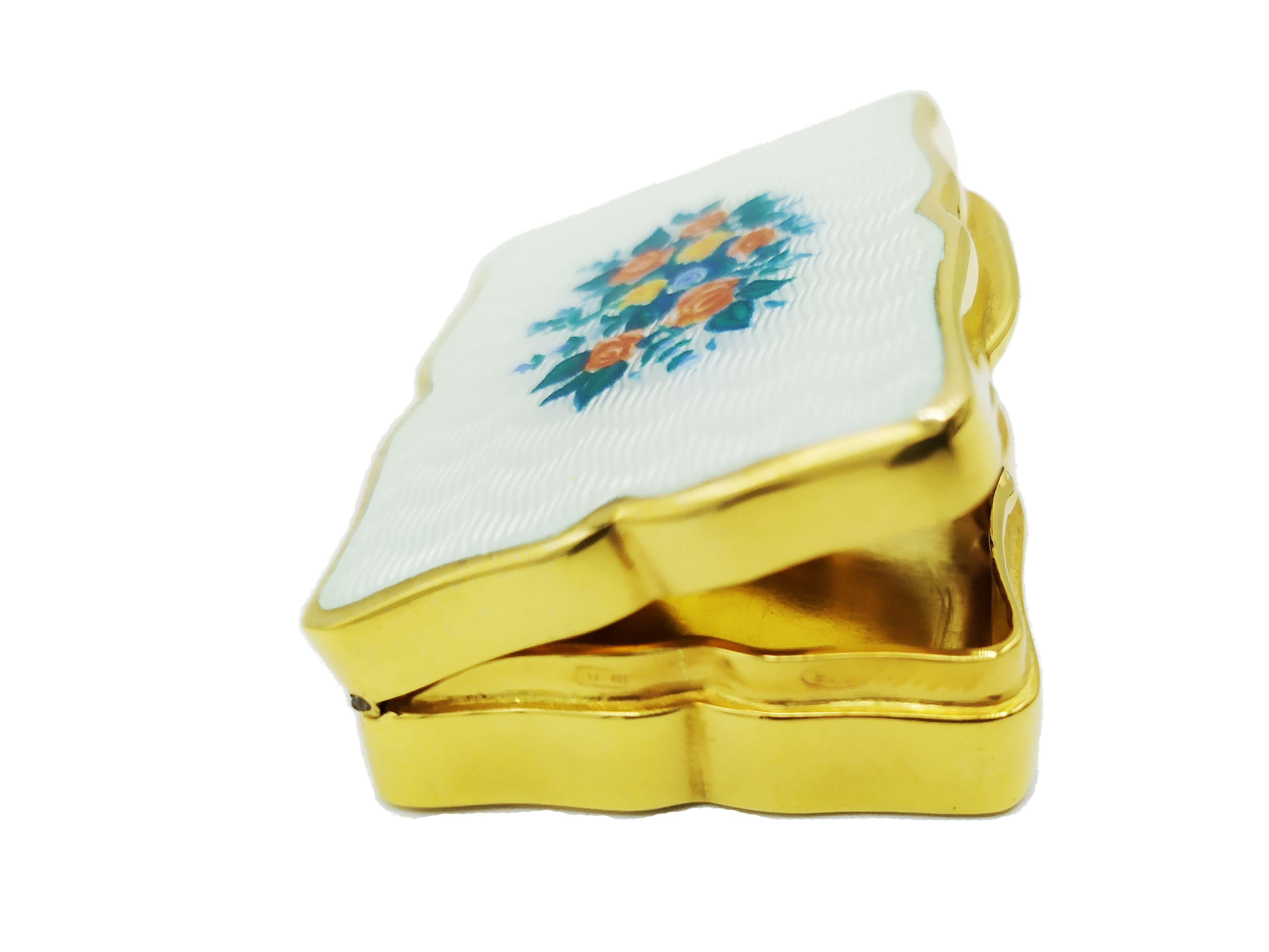 Italian Pill Box Shaped Guilloche Enamel Box Floral Wreath Salimbeni
