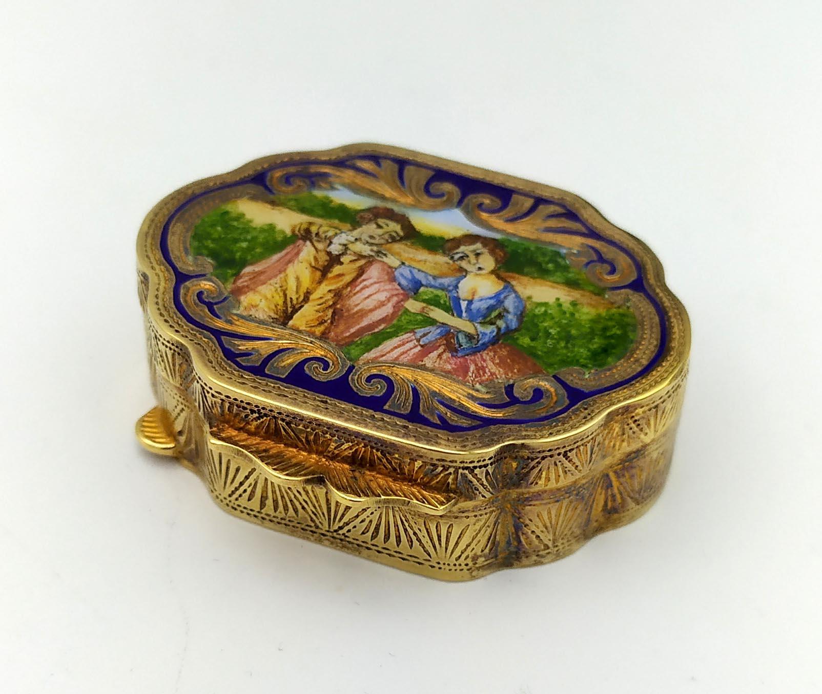 Intagliato a mano Portapillole in argento Sterling Enamel dipinto a mano in stile Luigi XVI in miniatura Salimbeni in vendita