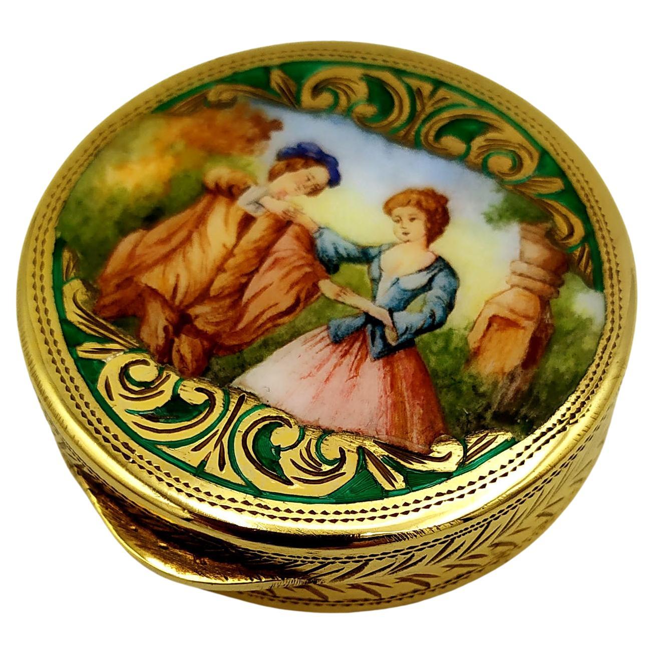 Boîte à pilules Salimbeni miniature de style Louis XVI peinte à la main en argent sterling et émaillée en vente