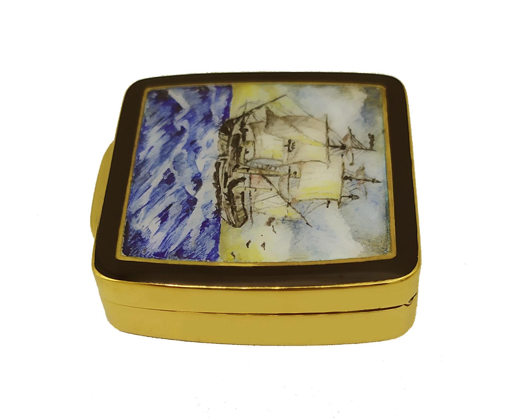 Hand-Carved Pill Box Silver Sterling Enamel Miniature Sailing Ship Salimbeni For Sale